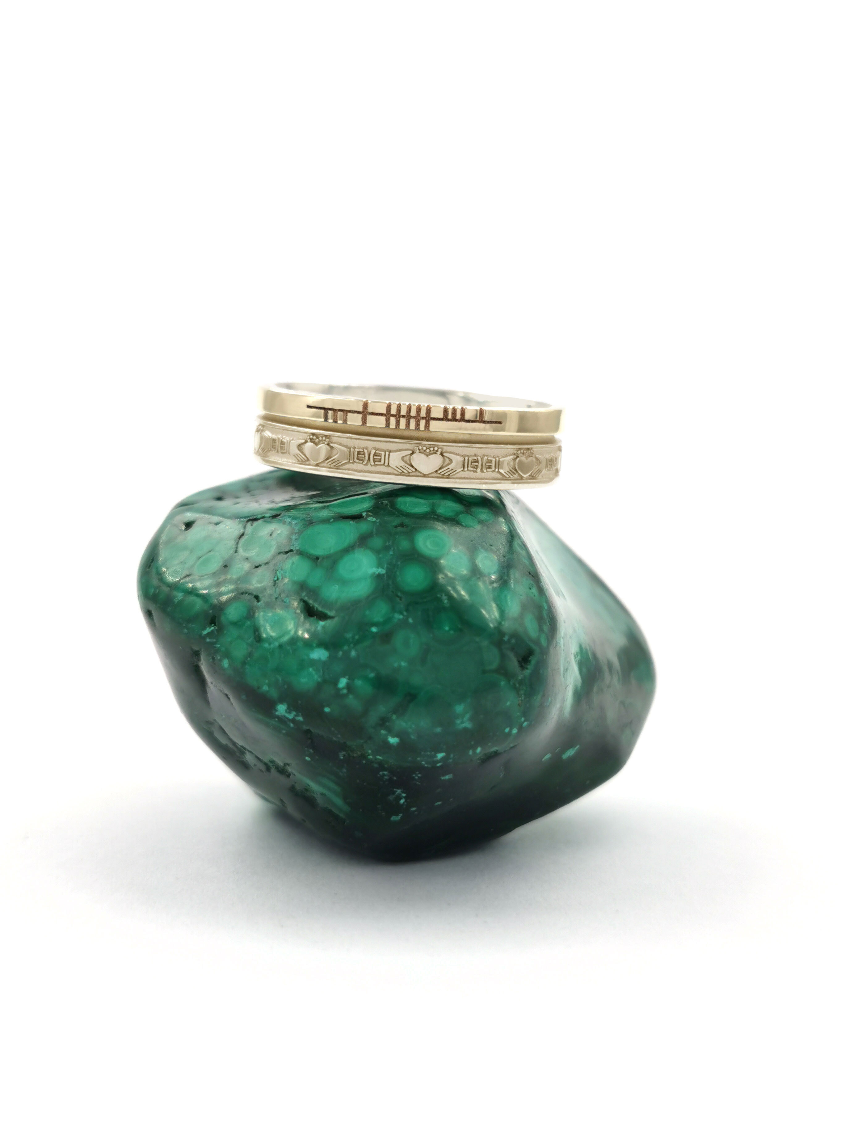 Real Yellow Gold Ogham & Claddagh 7.3mm Ring With a Florentine Finish