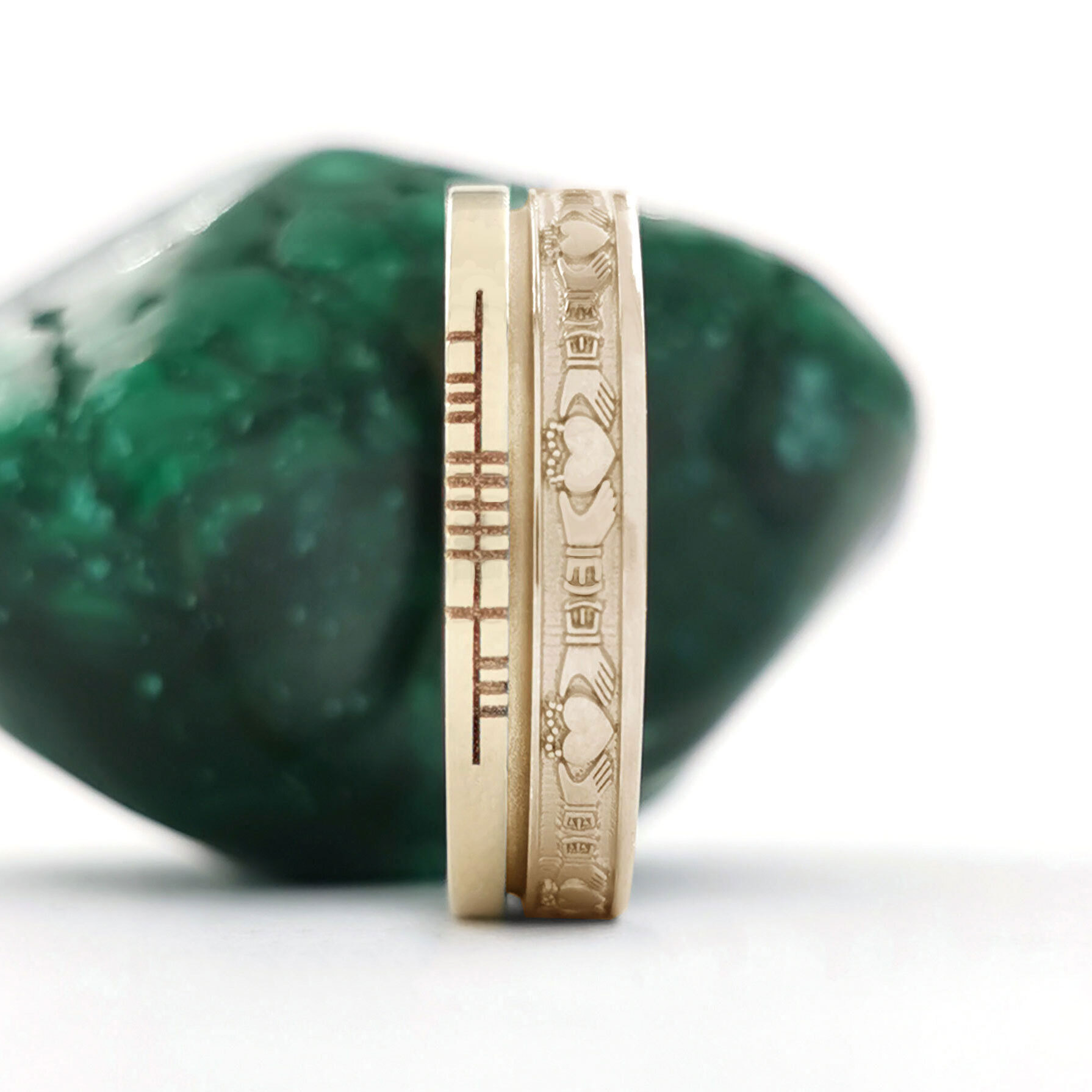 Ogham & Claddagh 5.2mm Ring in Yellow Gold With a Florentine Finish