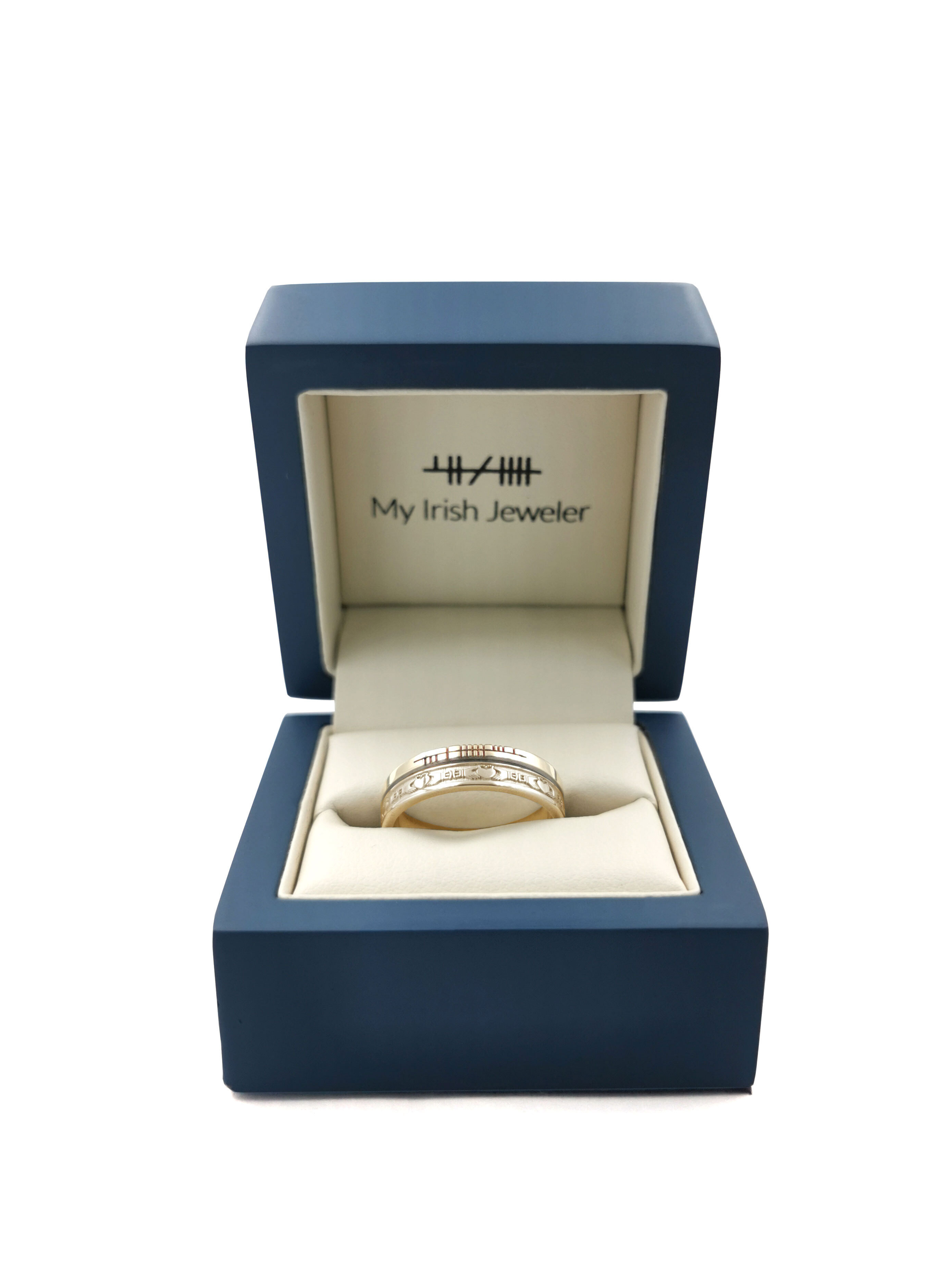 Authentic Yellow Gold Ogham & Claddagh 5.2mm Ring With a Florentine Finish. In Luxury Packaging.