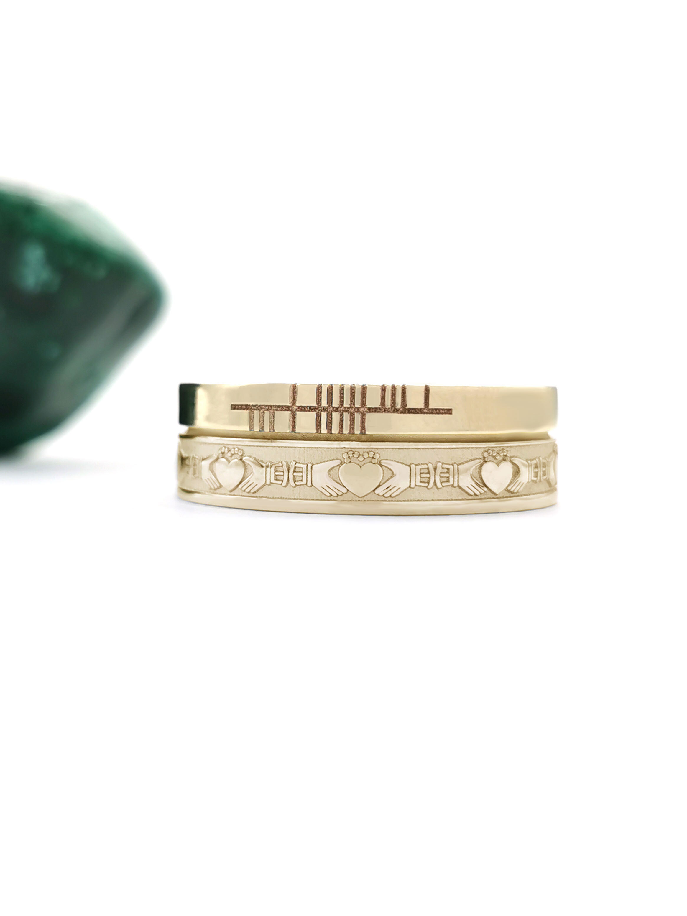 Real Yellow Gold Ogham & Claddagh 7.3mm Ring With a Florentine Finish