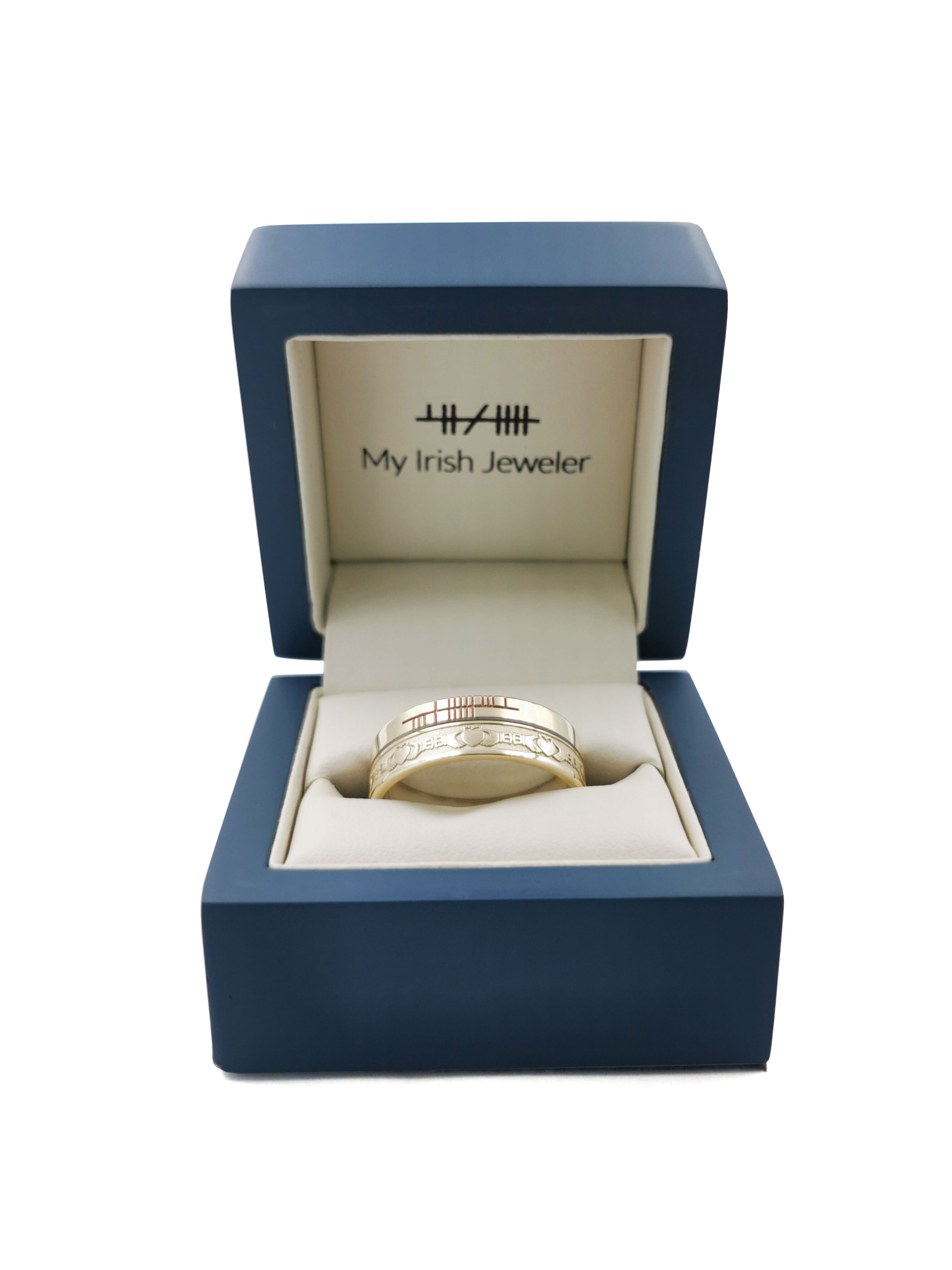 Attractive Yellow Gold Ogham 7.3mm Ring With a Florentine Finish. In Luxury Packaging.