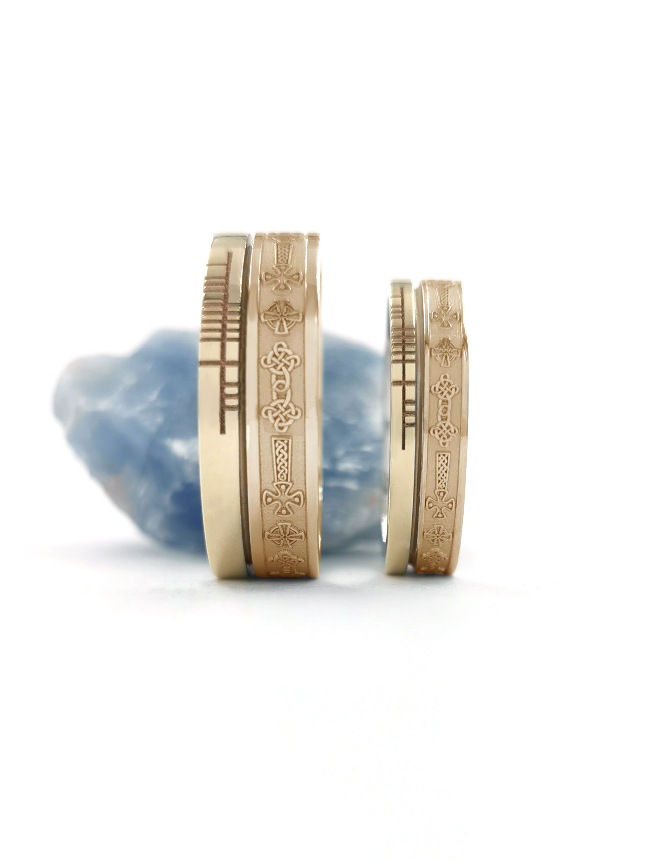 Gorgeous Yellow Gold Celtic Cross & Ogham Wedding Ring With a Florentine Finish