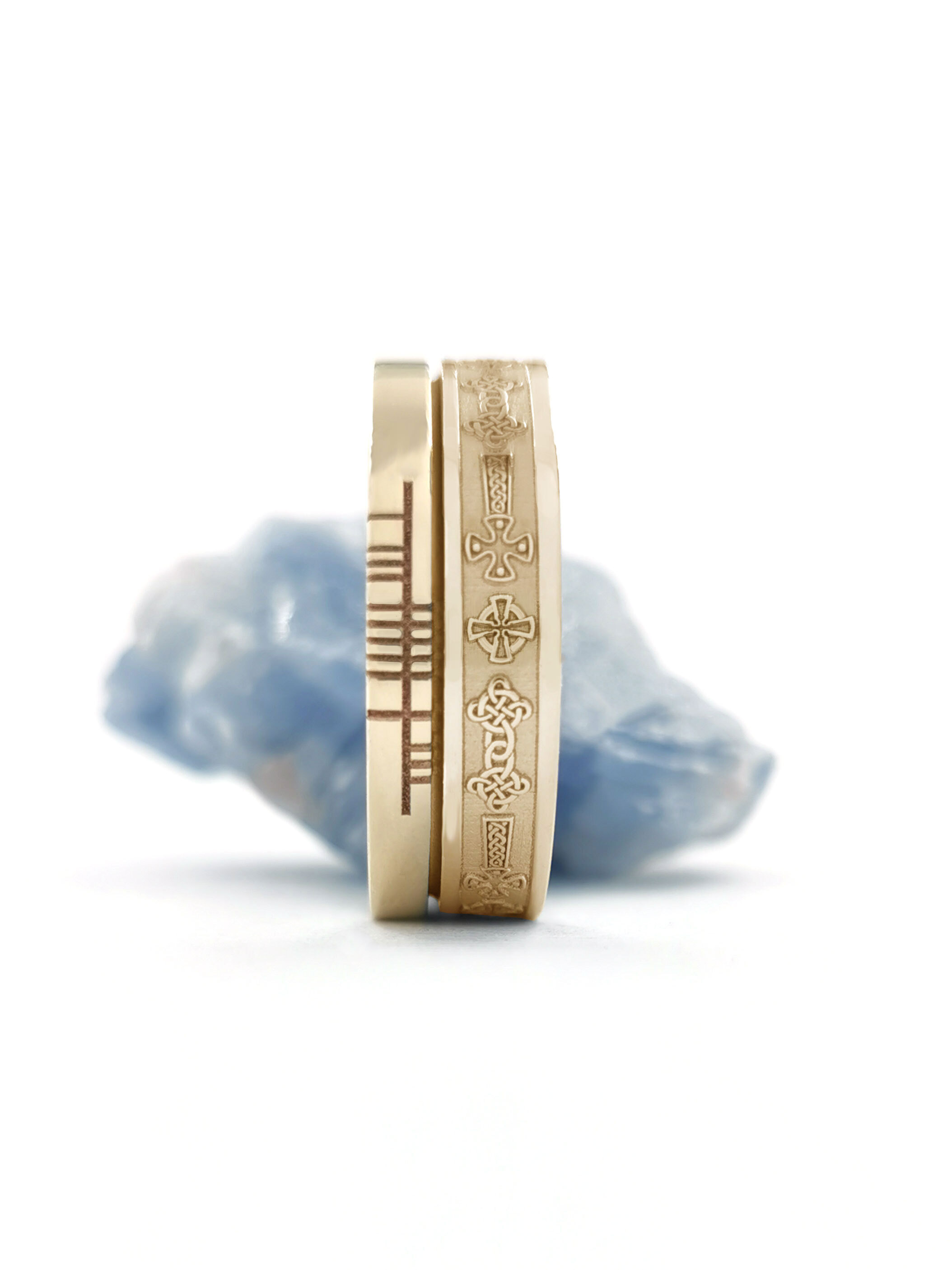 Celtic Cross & Ogham 7.3mm Ring in Yellow Gold With a Florentine Finish