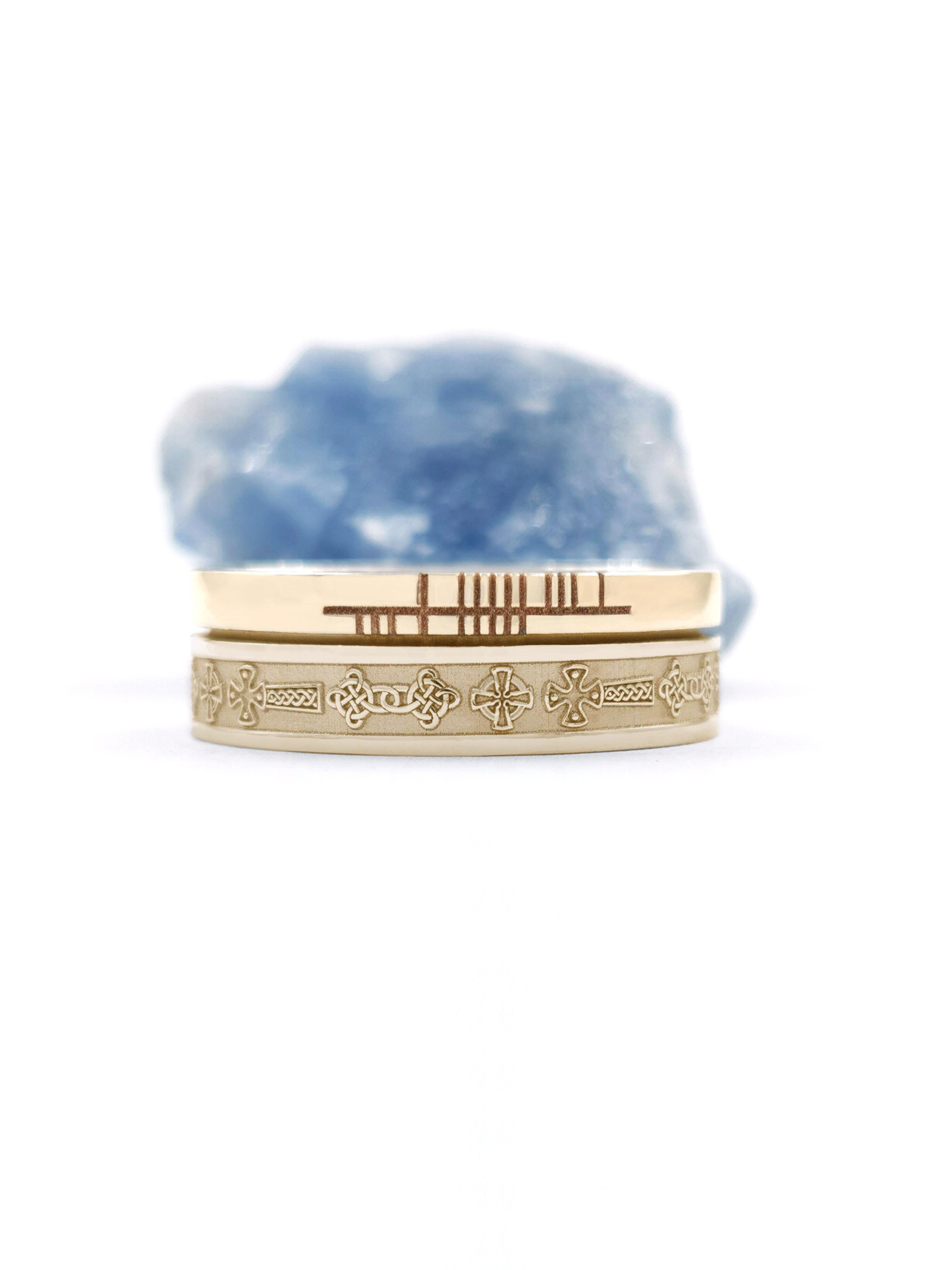 Real Yellow Gold Celtic Cross 7.3mm Ring With a Florentine Finish