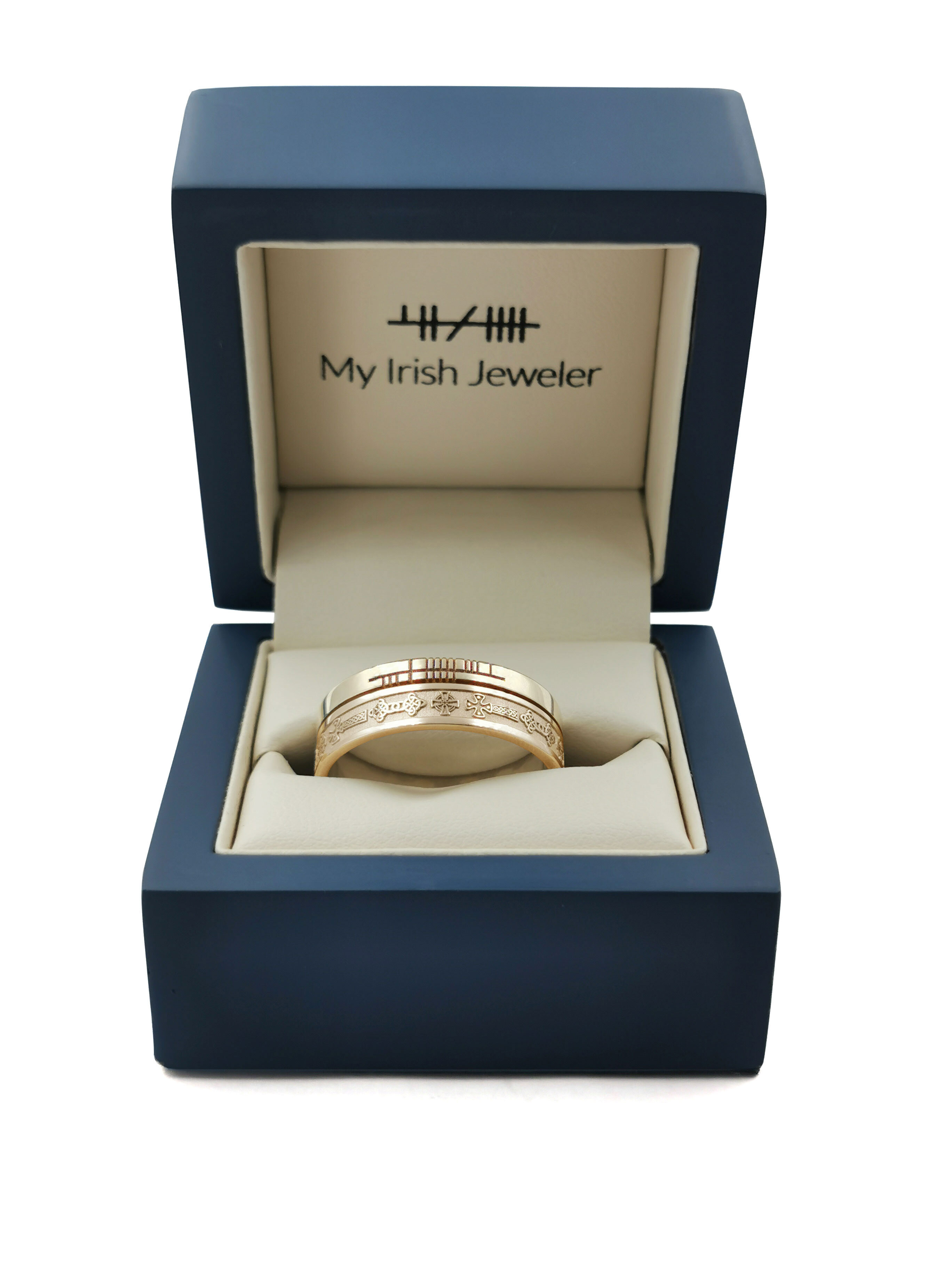 Luxurious Yellow Gold Celtic Cross & Ogham 7.3mm Ring With a Florentine Finish. In Luxury Packaging.