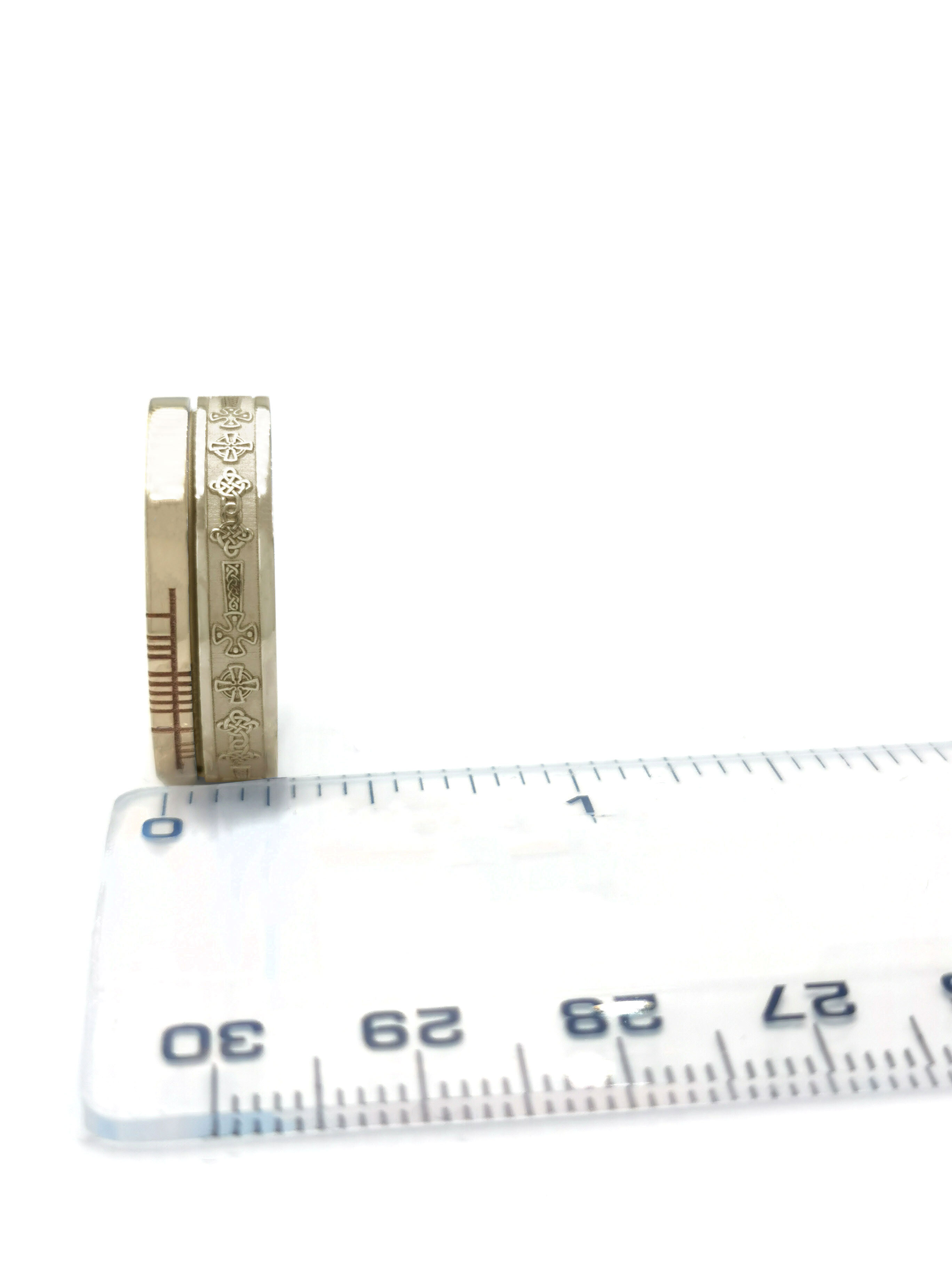 Attractive 10K Yellow Gold Celtic Cross 7.3mm Ring With a Florentine Finish. Picture For Scale.