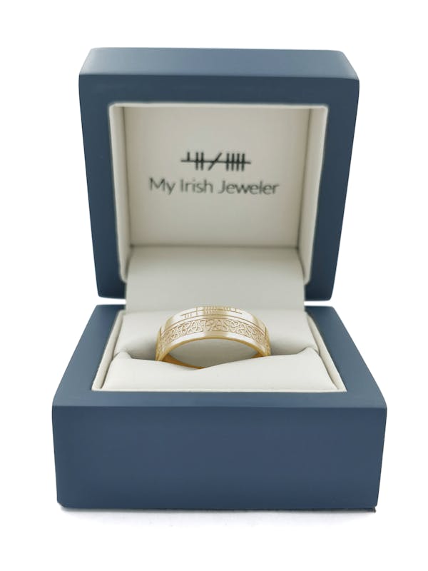 Florentine Yellow Gold Ogham 7.3mm Ring. In Luxury Packaging.