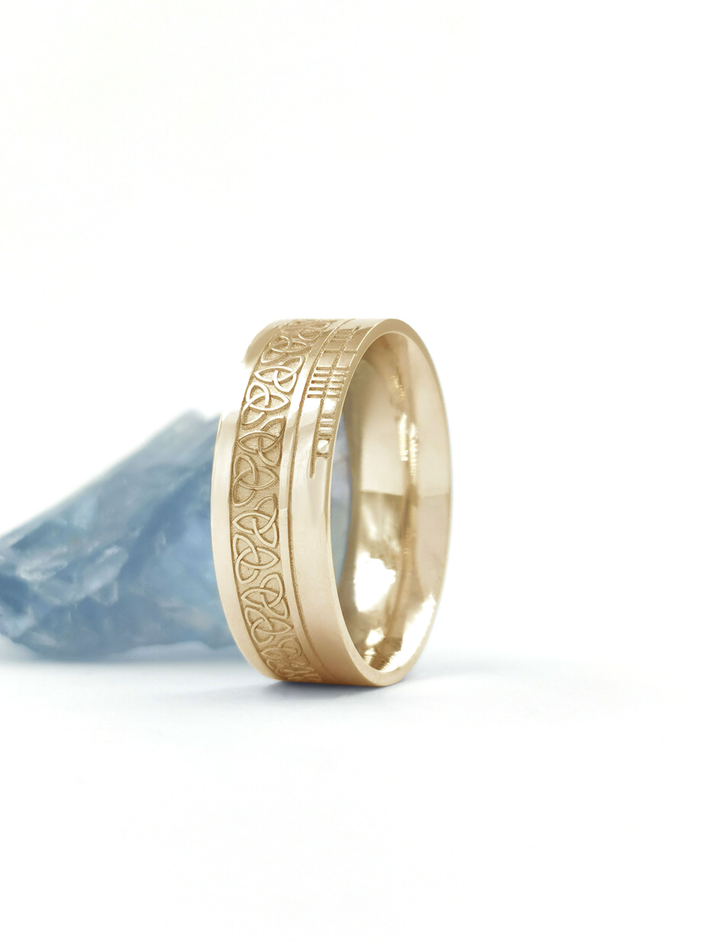 Ogham & Trinity Knot 7.3mm Ring in Yellow Gold With a Florentine Finish