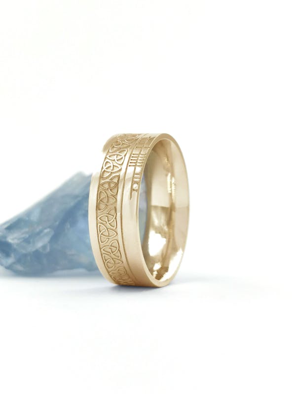 Ogham & Trinity Knot 7.3mm Ring in Yellow Gold With a Florentine Finish