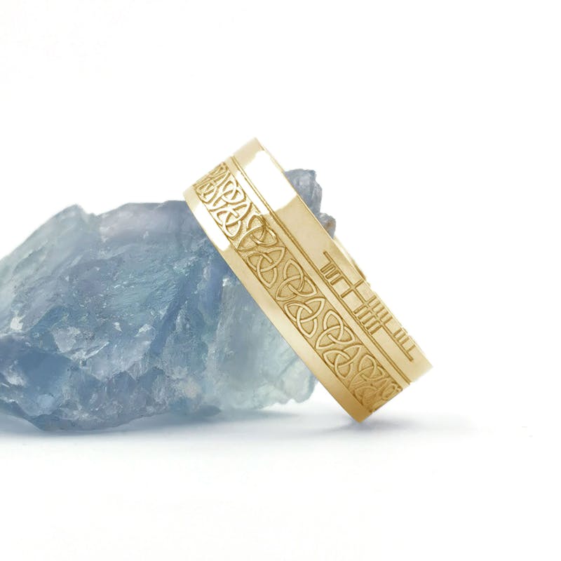 Authentic Yellow Gold Ogham 7.3mm Ring With a Florentine Finish