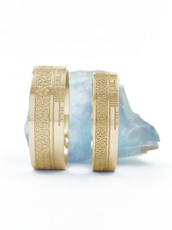 Striking Yellow Gold Ogham 7.3mm Ring With a Florentine Finish