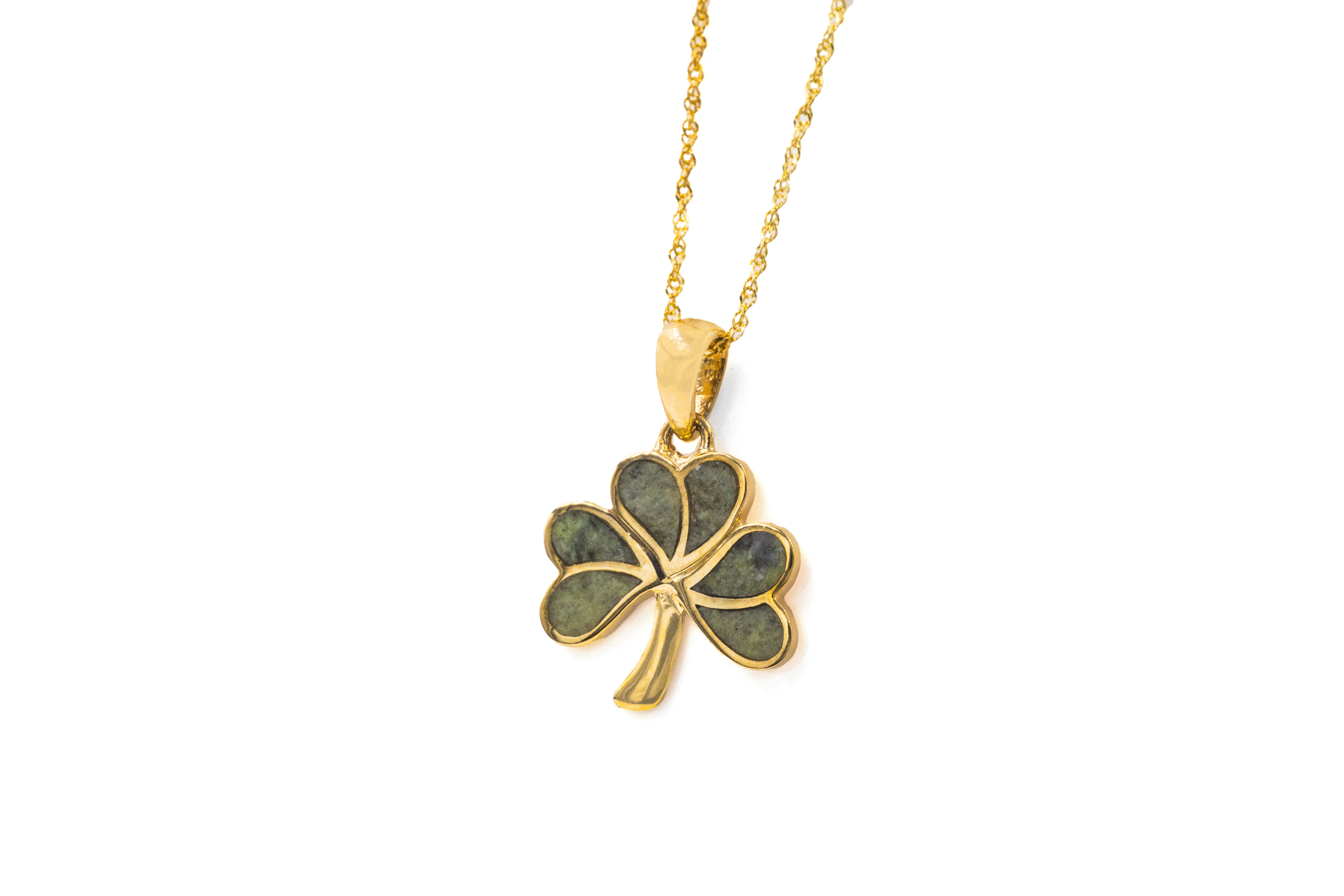 Real 9K Yellow Gold Shamrock & Connemara Marble Necklace For Women With a Polished Finish