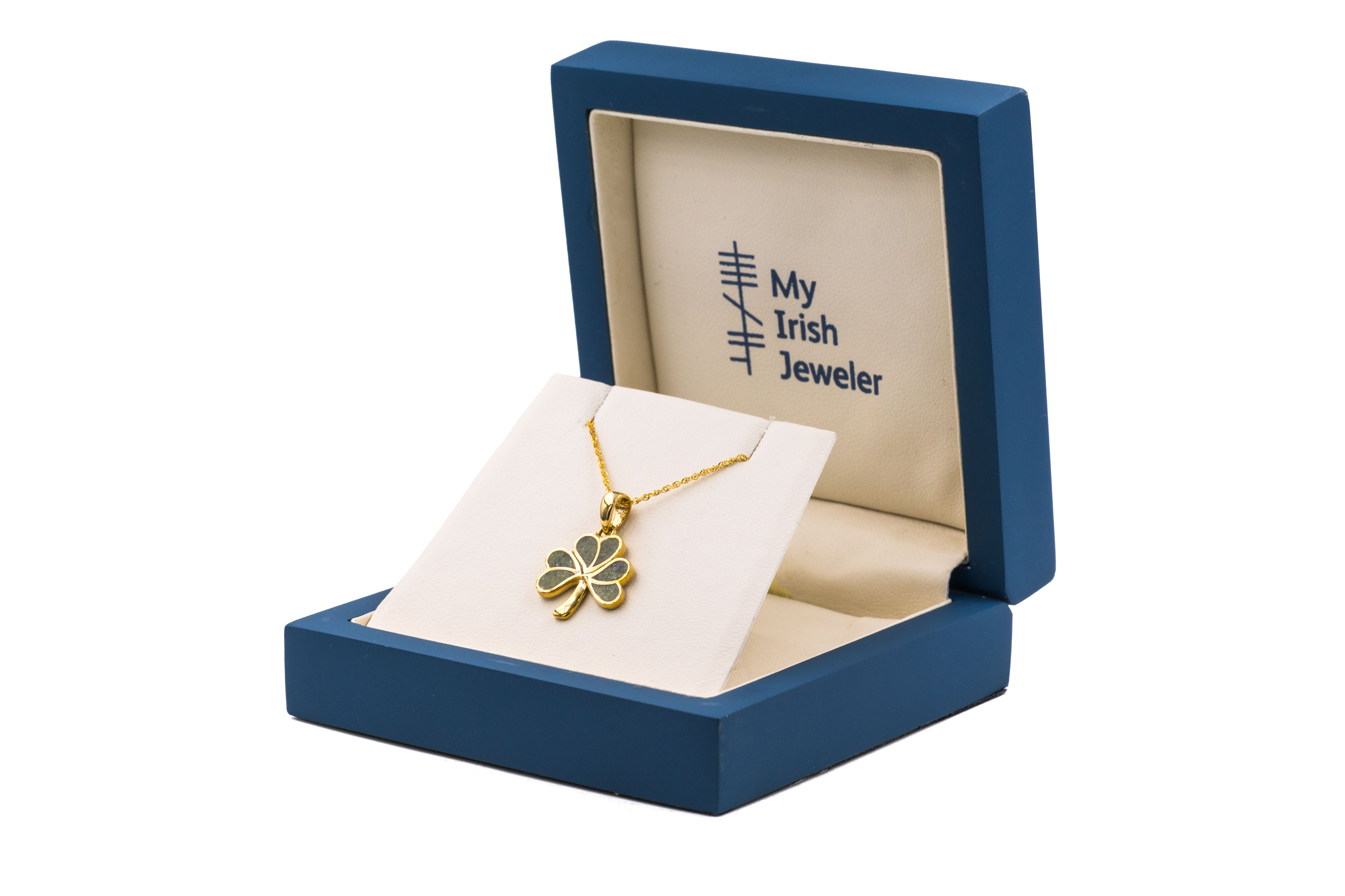 Luxurious 14K Yellow Gold Shamrock & Connemara Marble Necklace For Women. In Luxury Packaging.