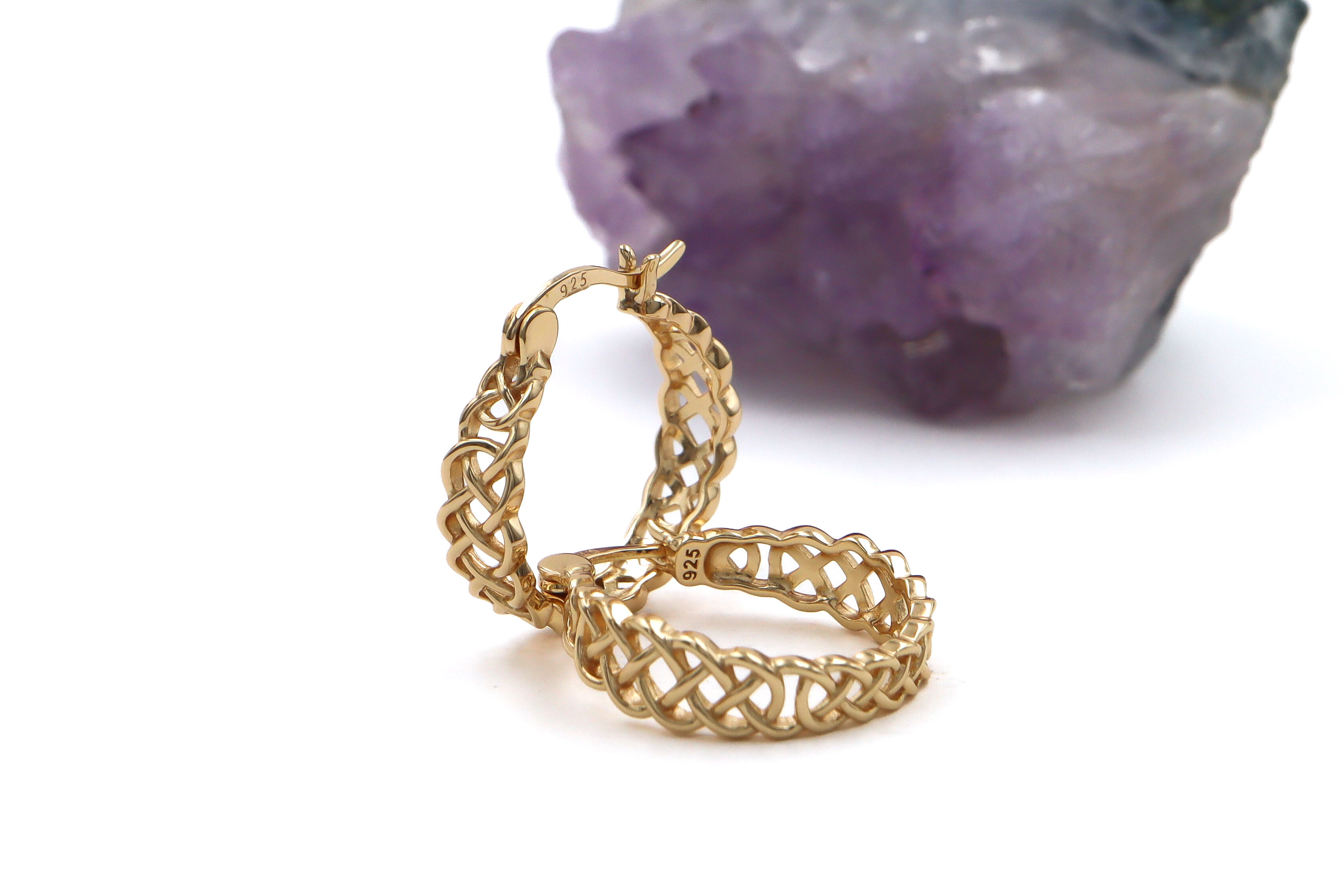 Womens Celtic Knot Earrings in Gold Vermeil With a Polished Finish. Side View.