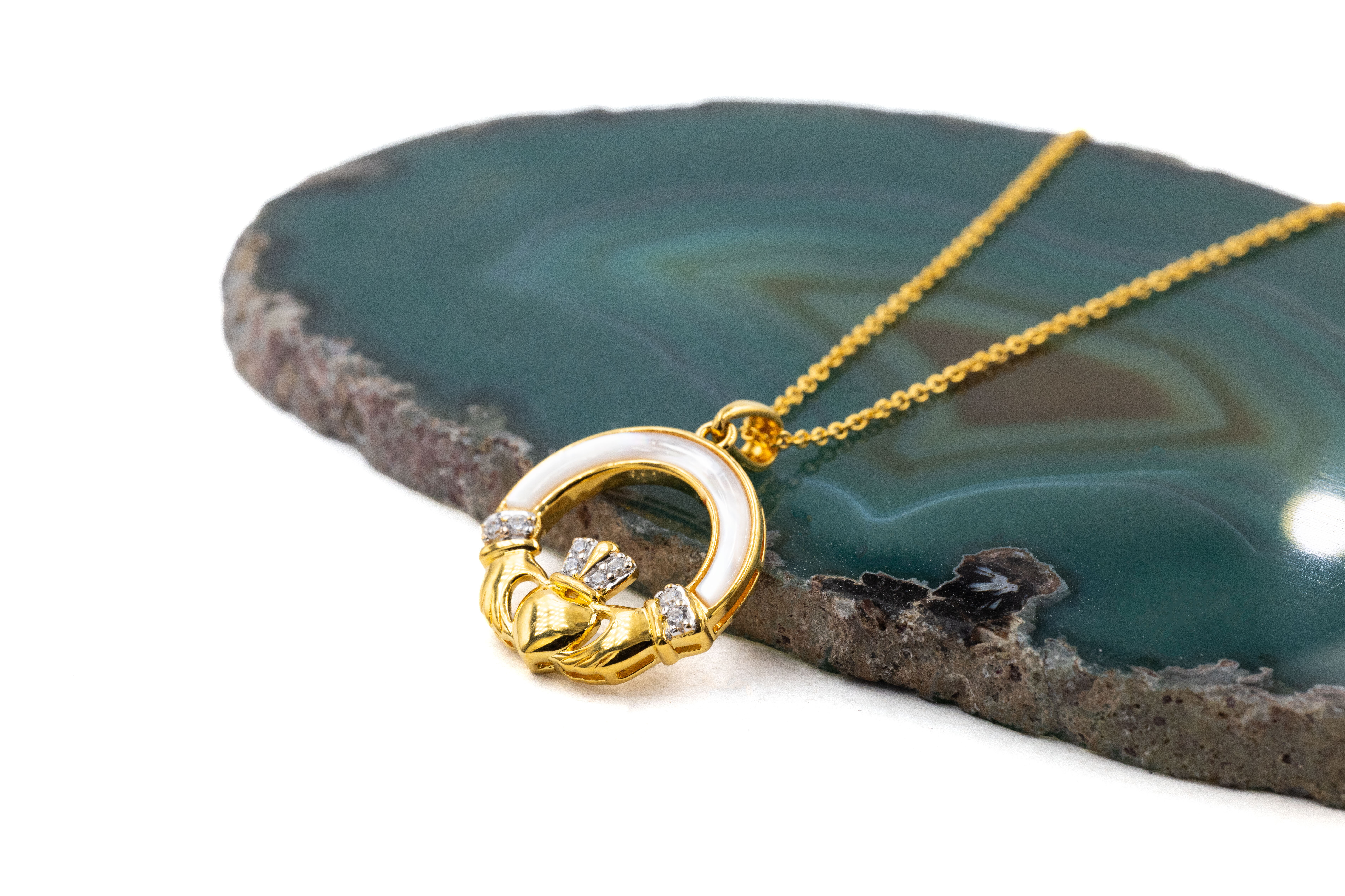 Claddagh Necklace in Gold Vermeil. Side View.