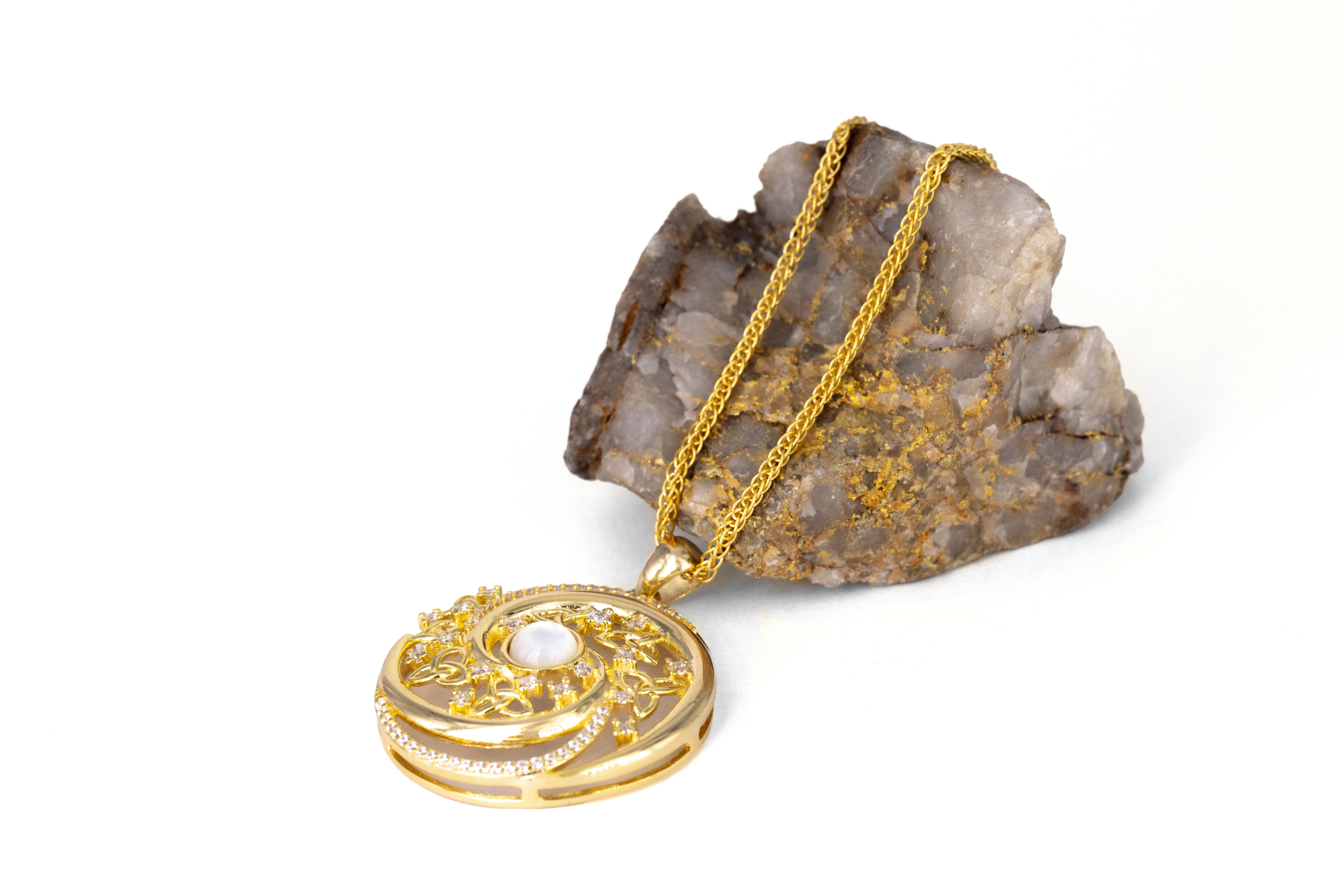 Womens Gold Vermeil Trinity Knot Necklace. Pictured Flat.