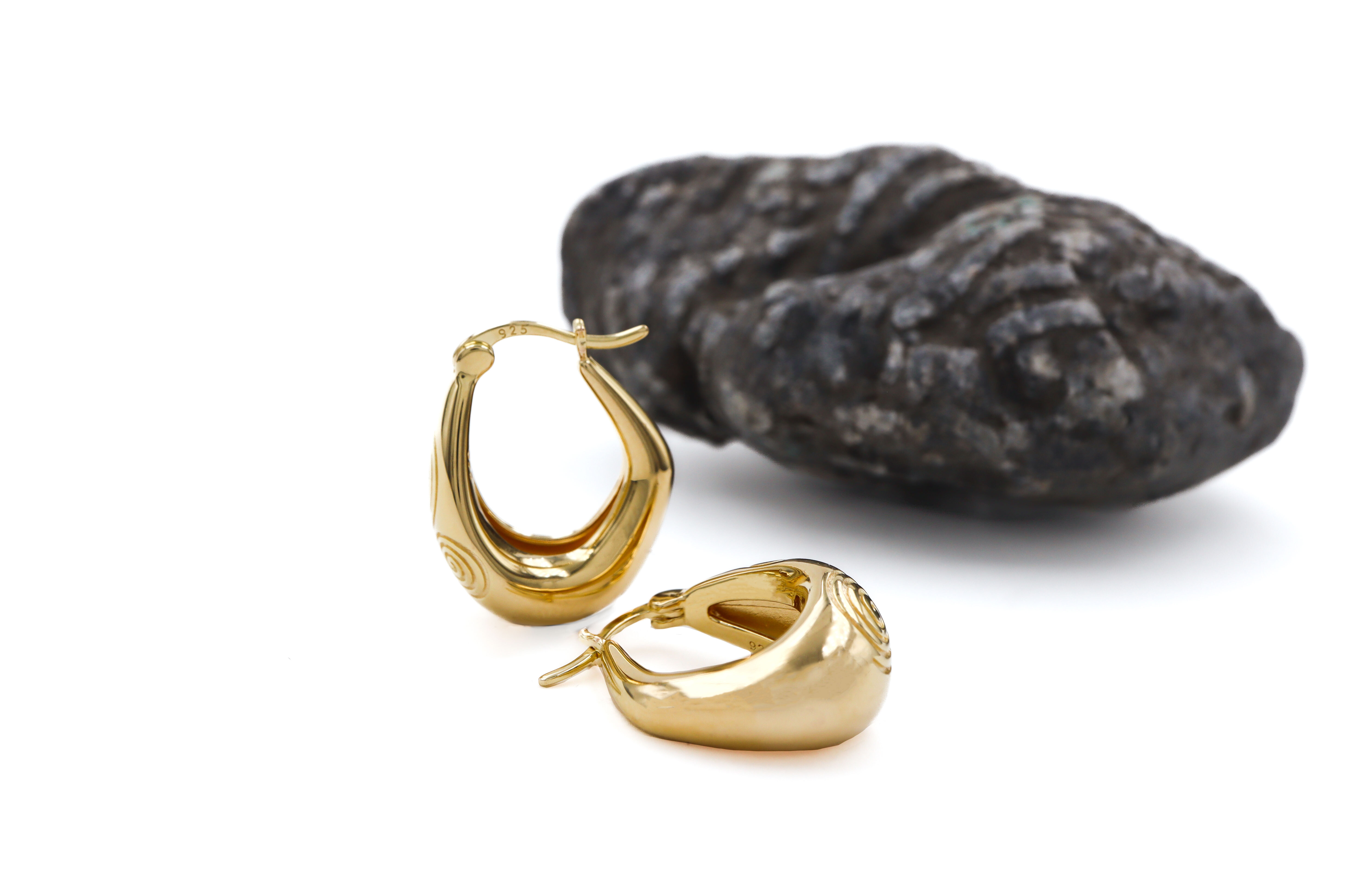 Womens Irish Polished Gold Vermeil Newgrange & Triskele Earrings. Side View.