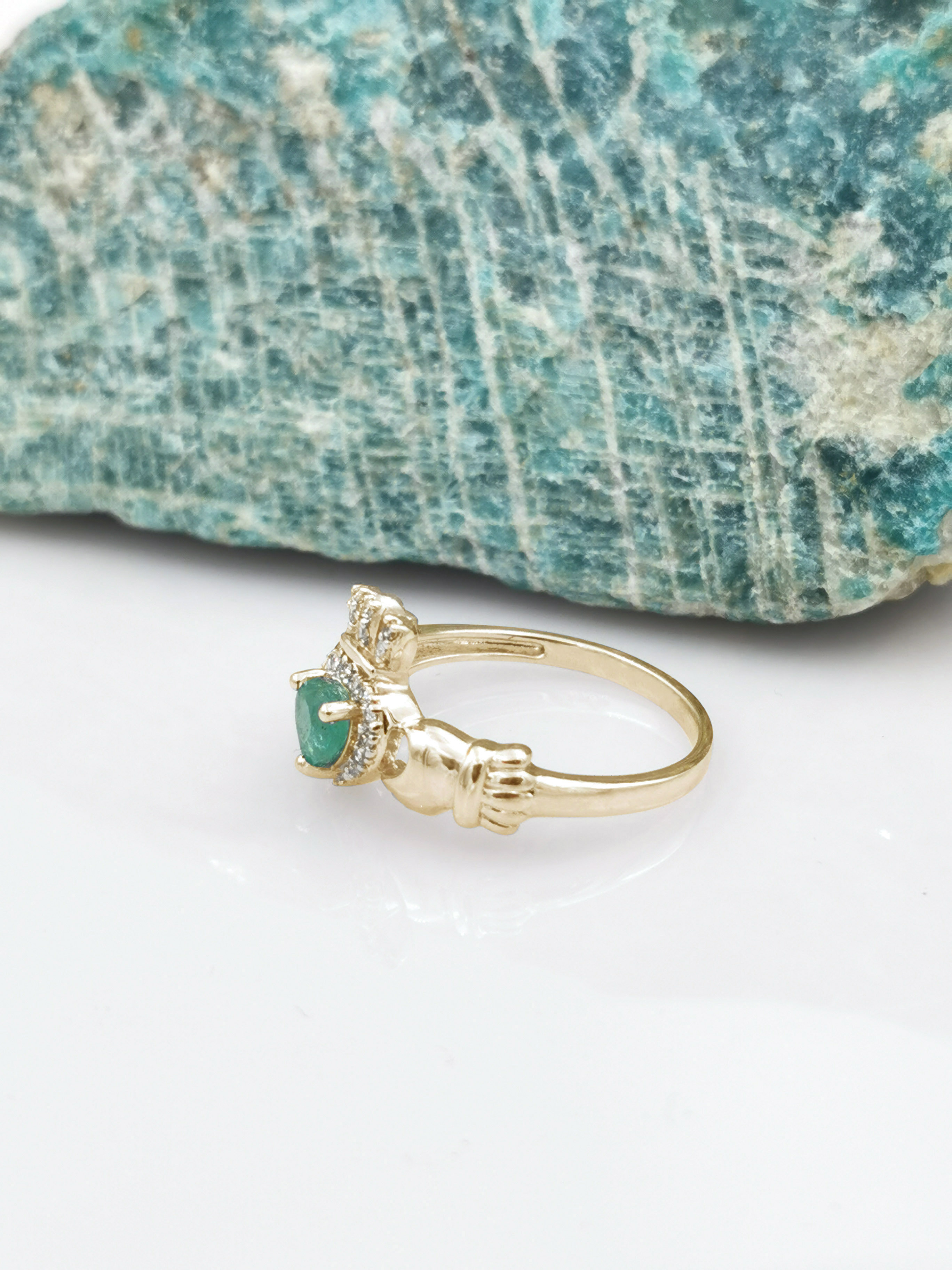 Womens Claddagh 0.50ct Natural Emerald Engagement Ring in Yellow Gold With a Polished Finish