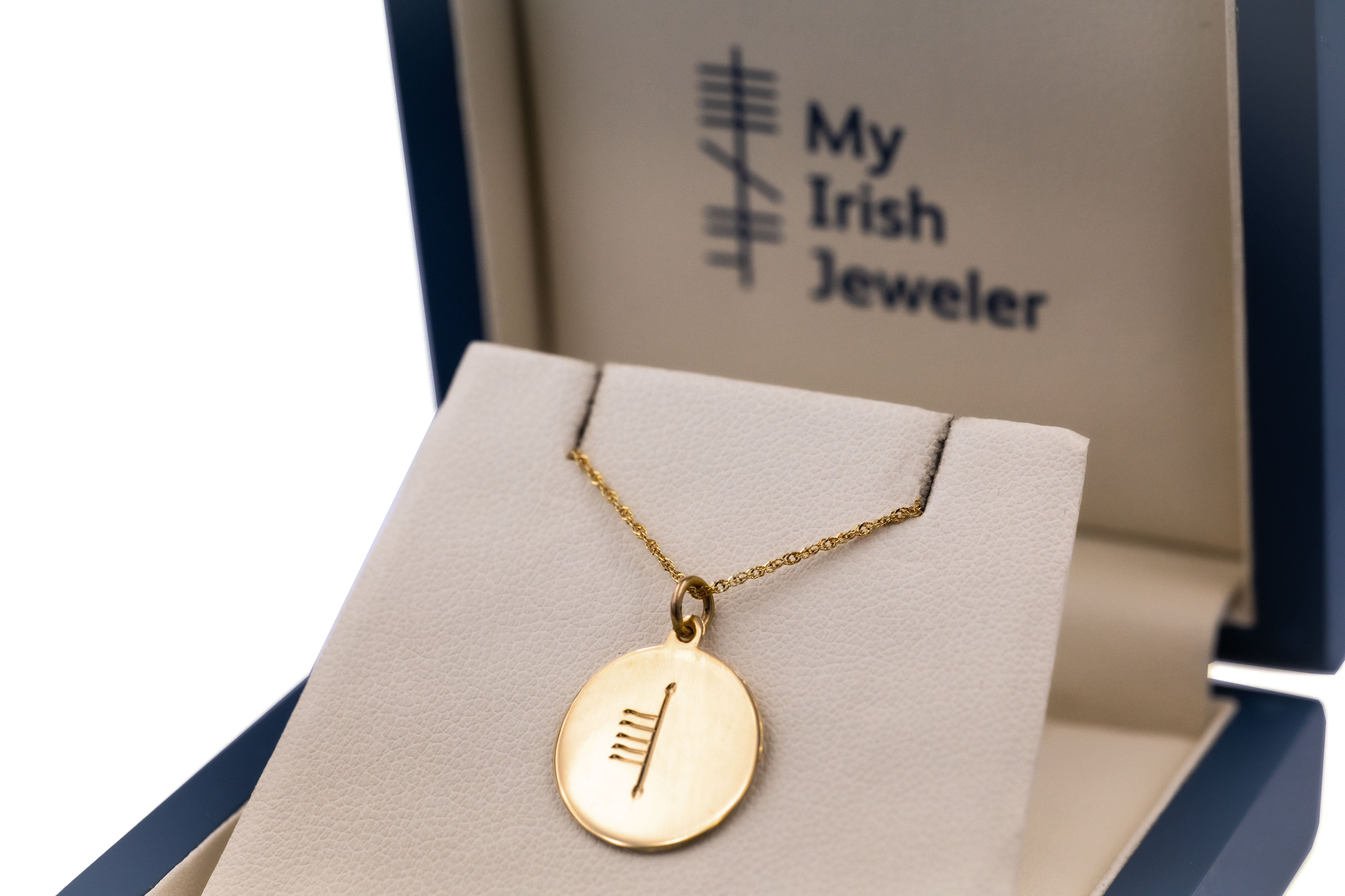 Polished 9K Yellow Gold Ogham Necklace. In Luxury Packaging.