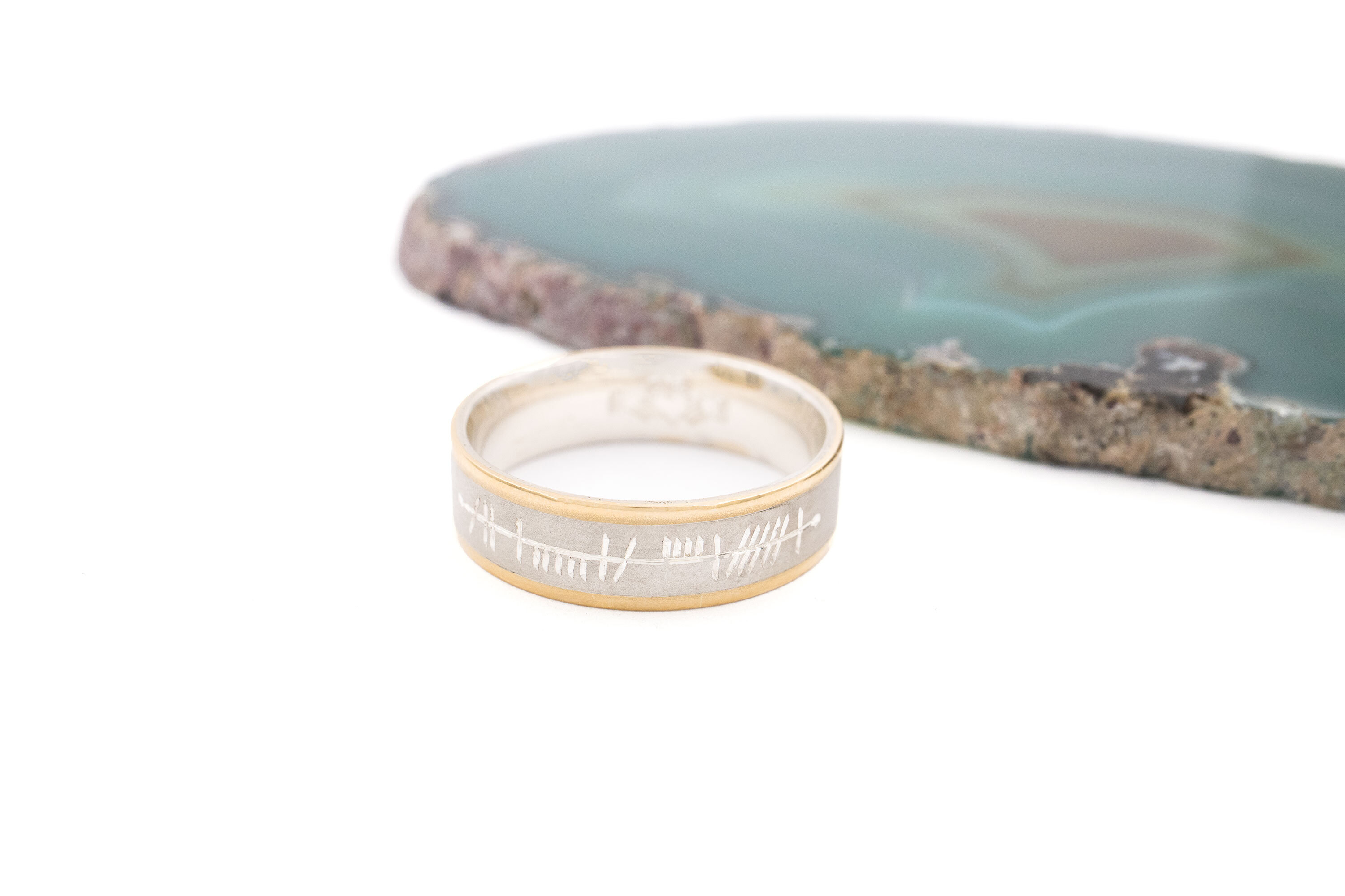 Striking White Gold & Yellow Gold Ogham Personalisable 6.5mm Ring For Men