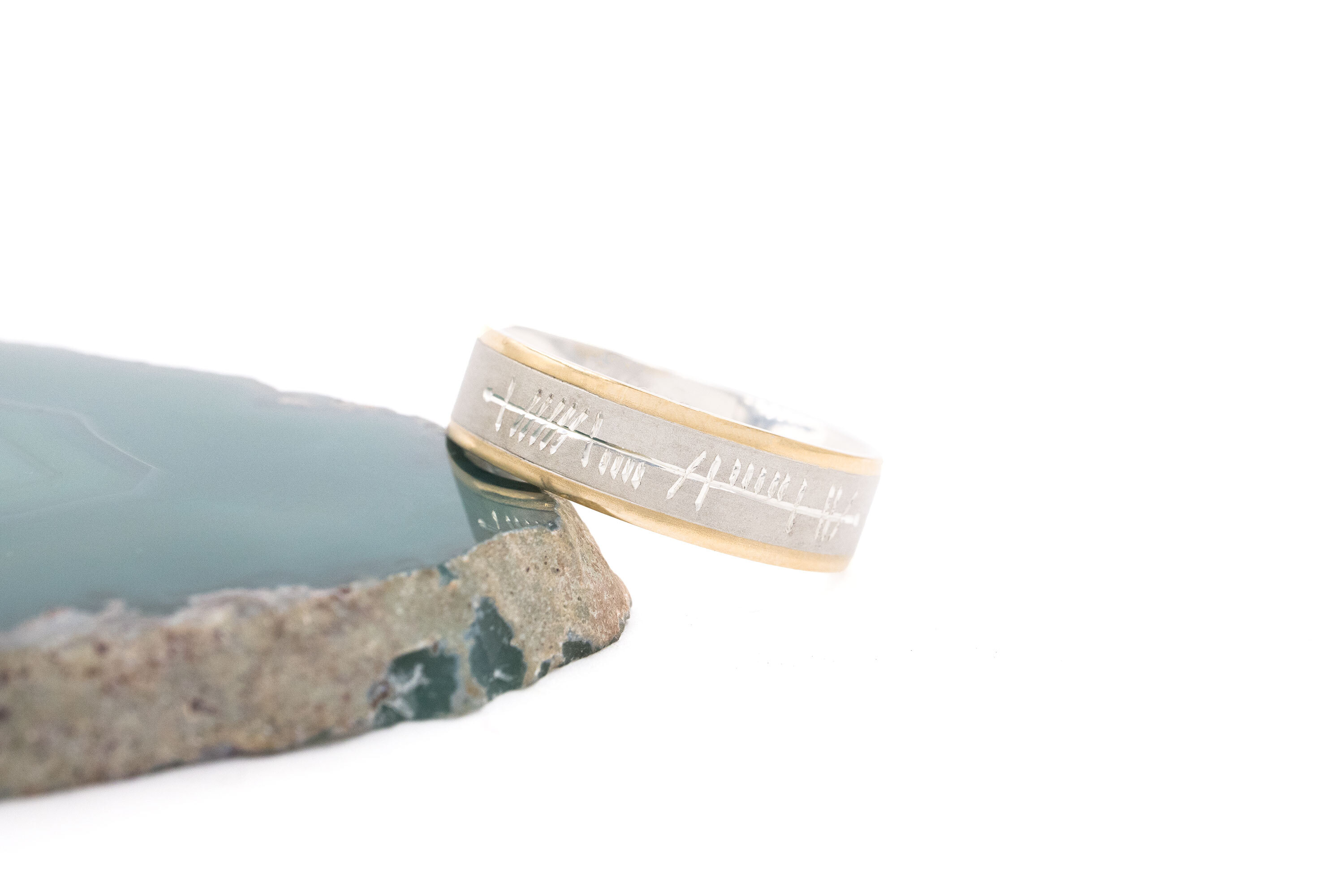 Mens Striking Sterling Silver & 10K Yellow Gold Ogham Customizable 5.0mm Ring