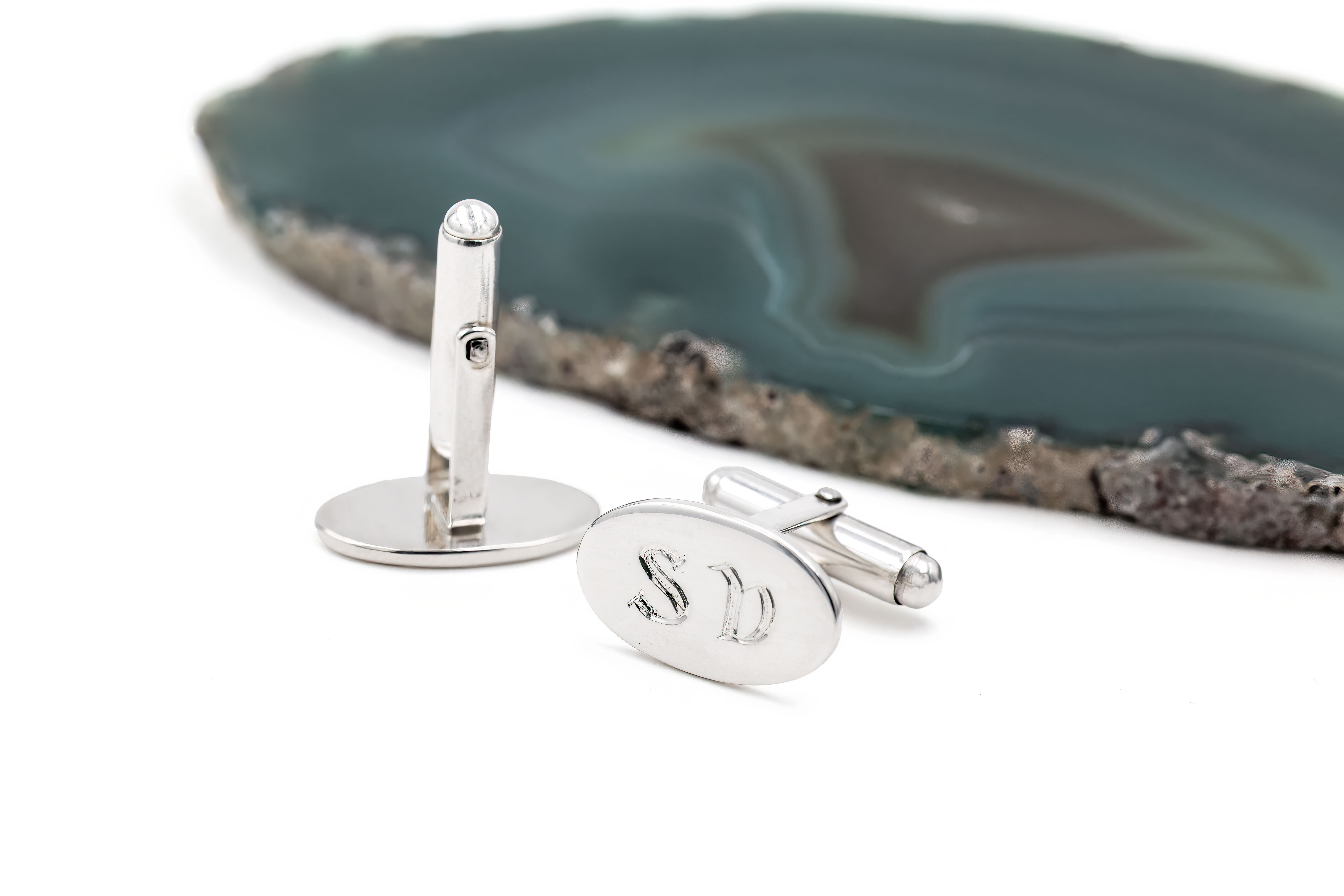 Gaelic Cufflinks - Oval cufflinks hand engraved with letters S and B in the gaelic script