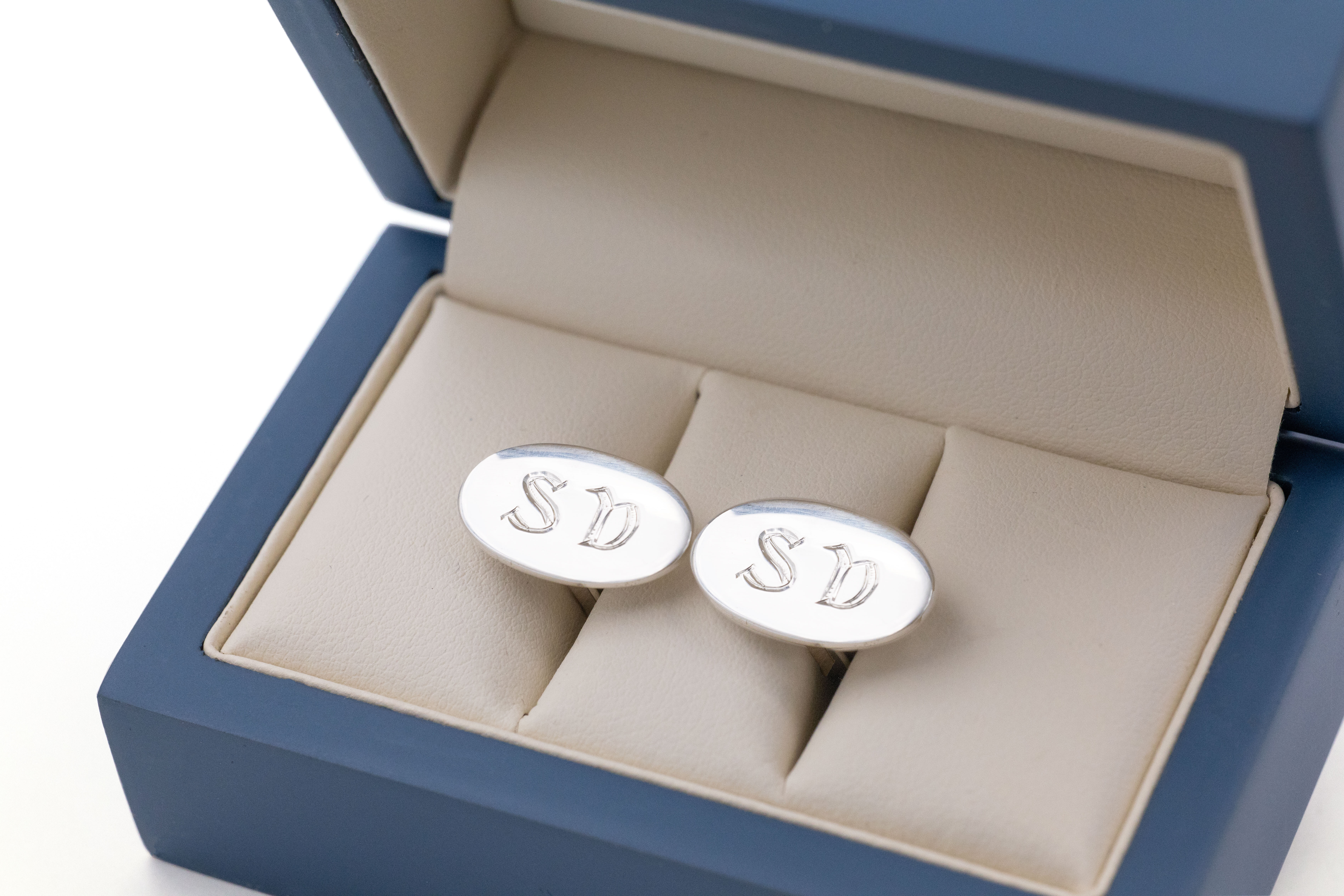 Gaelic Cufflinks - Oval cufflinks hand engraved with letters S and B in the gaelic script