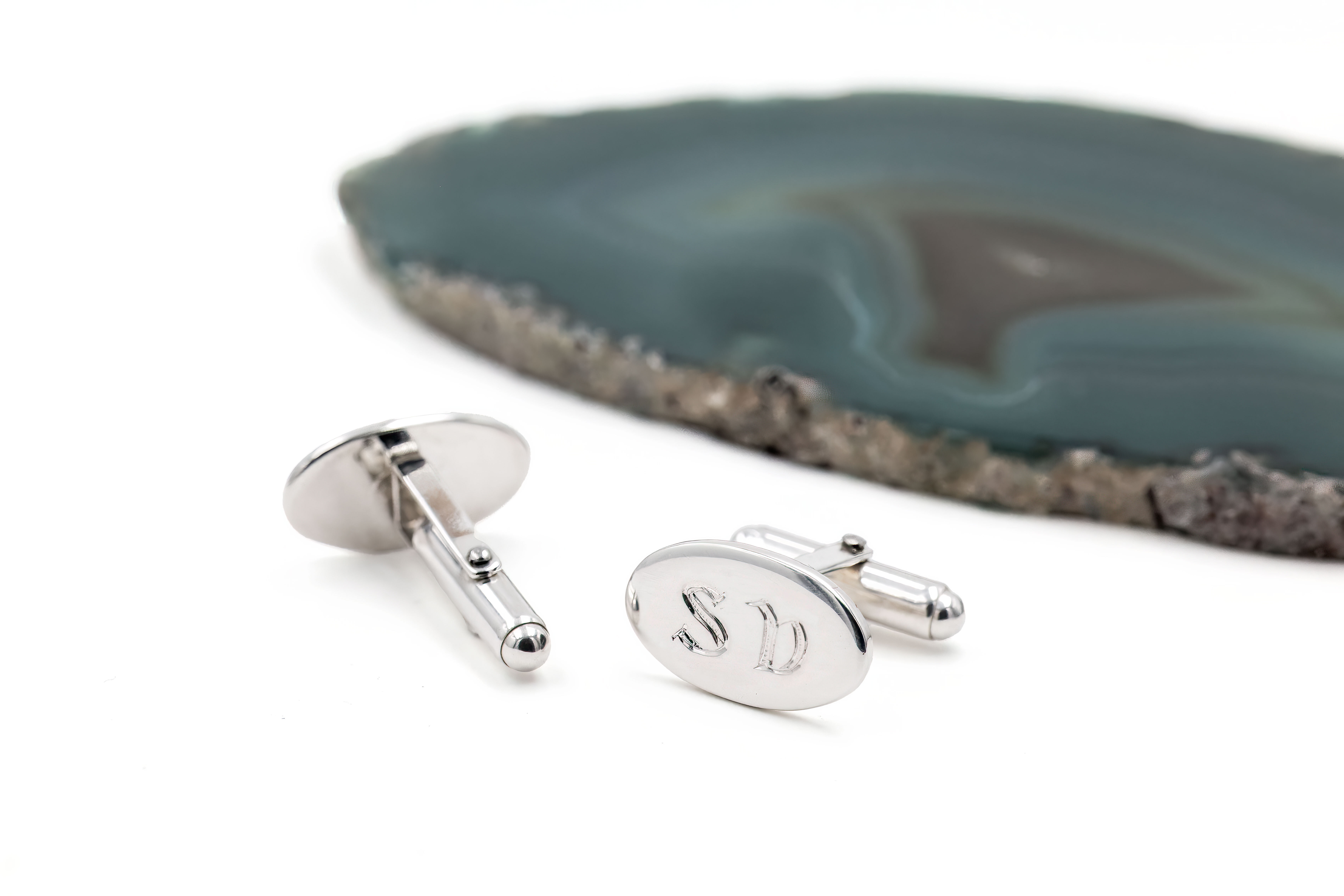 Gaelic Cufflinks - Oval cufflinks hand engraved with letters S and B in the gaelic script