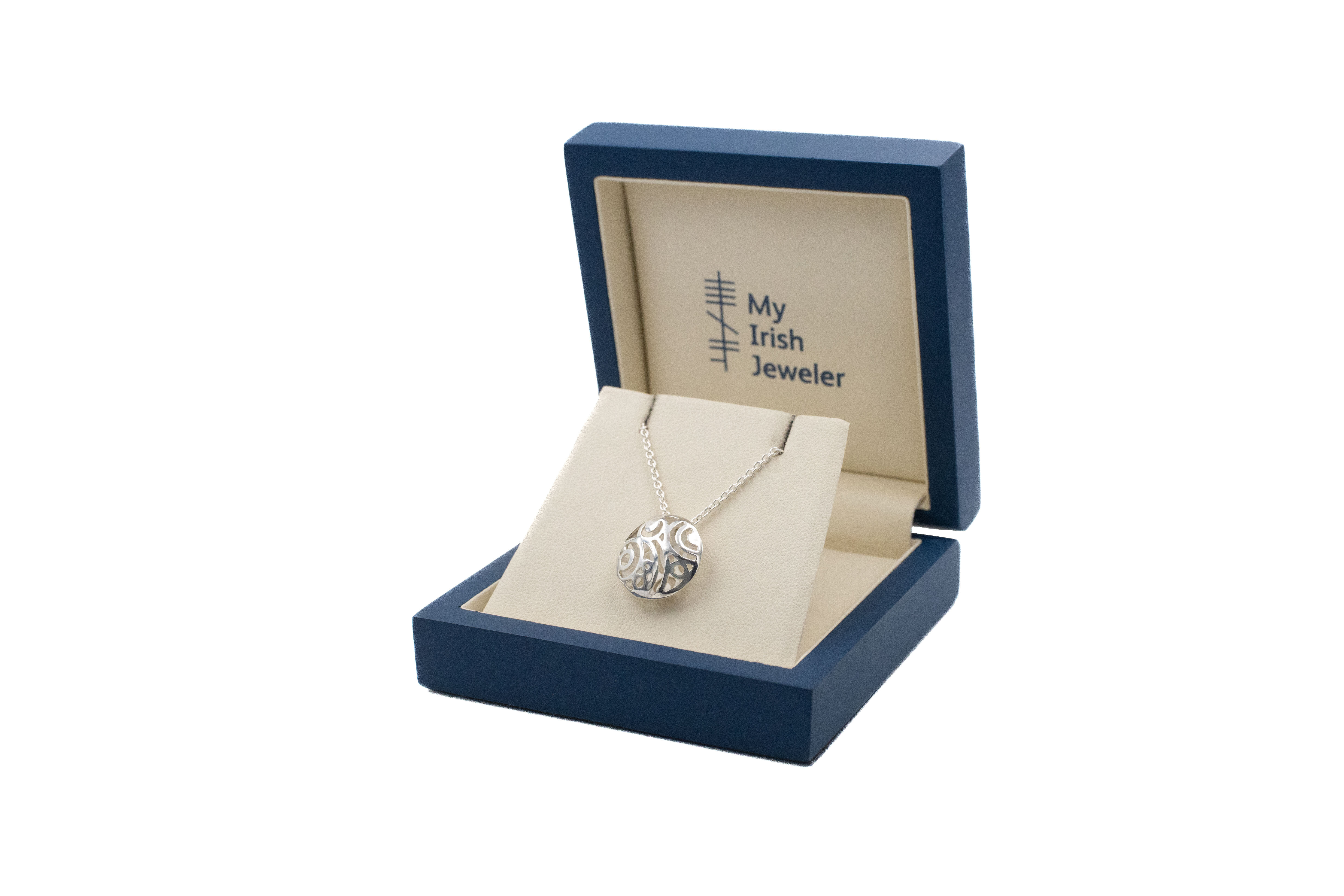 Authentic Sterling Silver Newgrange Necklace With a Polished Finish For Women. In Luxury Packaging.