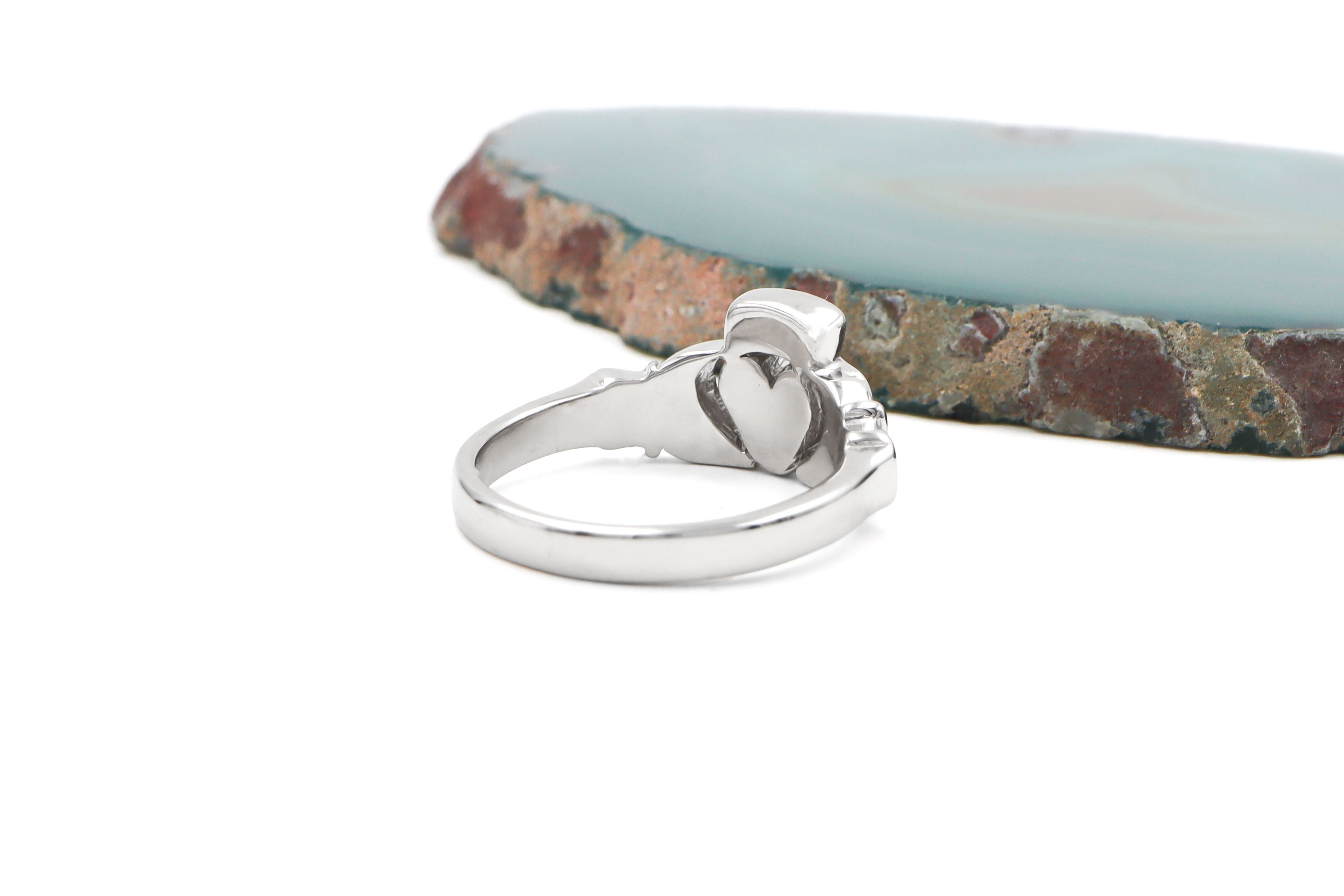 Attractive Sterling Silver Claddagh 11.4mm Ring With a Polished Finish For Men. Picture Of The Back.