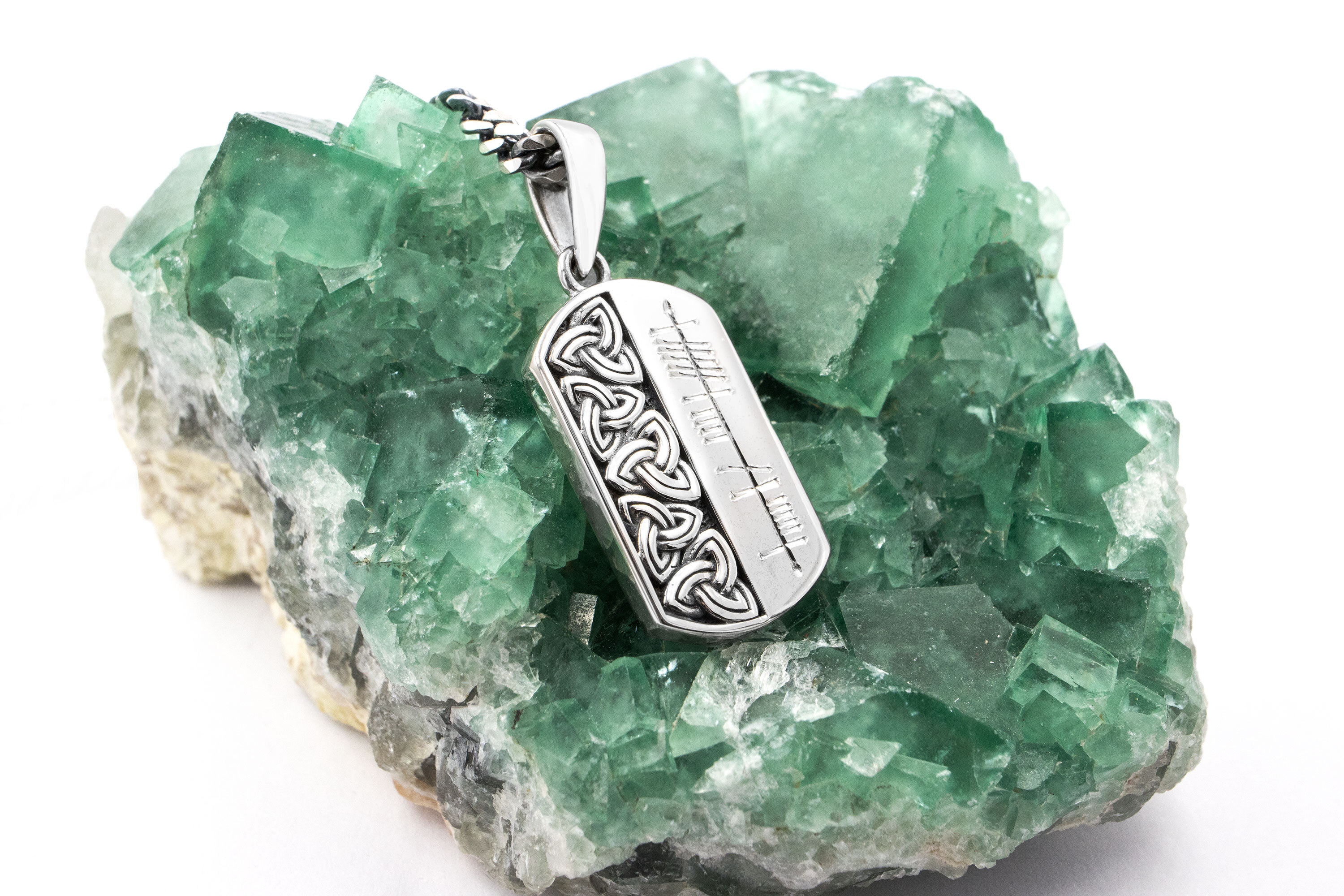 Trinity Knot & Ogham - Shown with 24" Antique Heavy Curb Chain