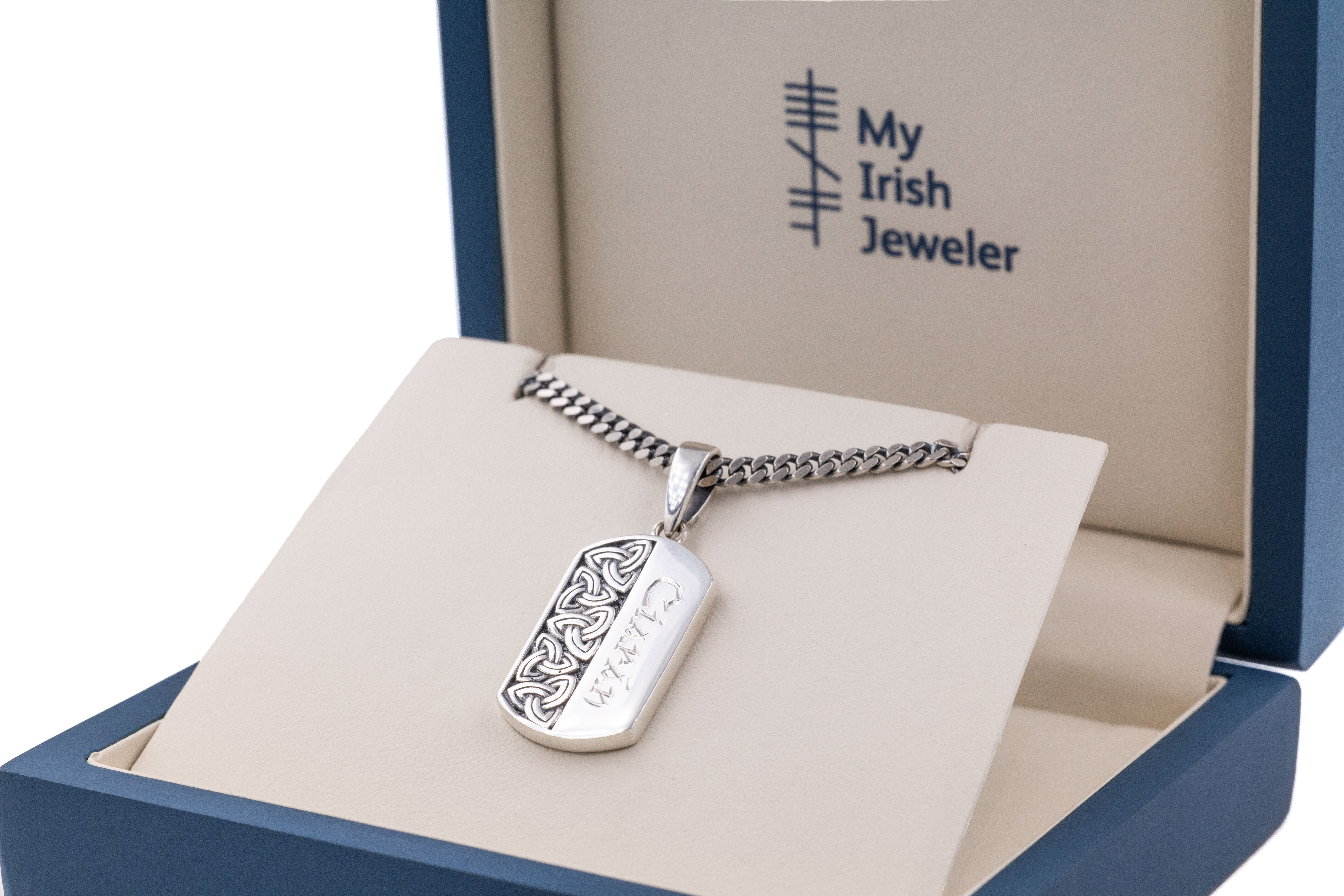 Mens Oxidised Sterling Silver Trinity Knot & Gaelic Necklace. In Luxury Packaging.