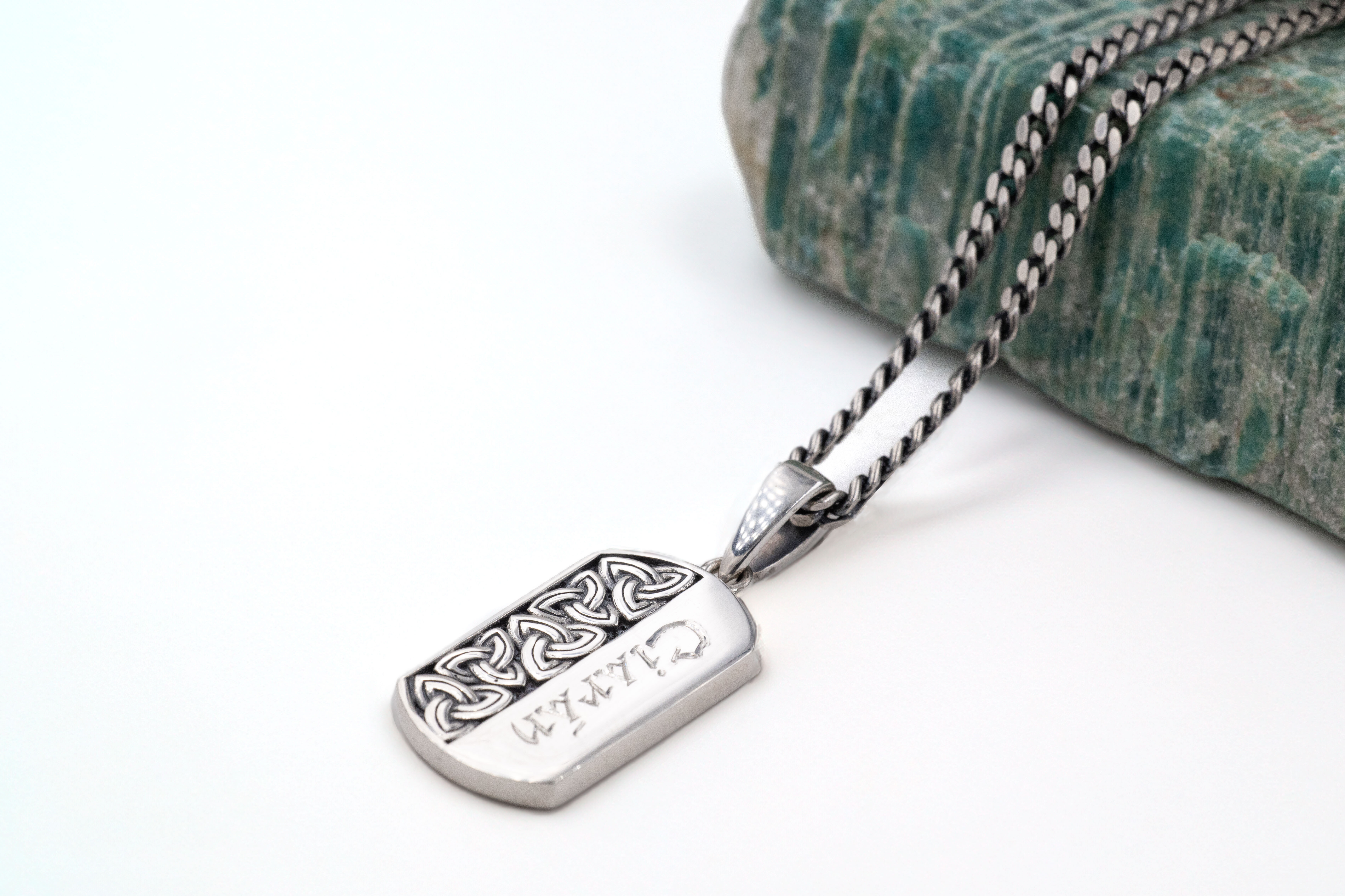 Authentic Sterling Silver Trinity Knot & Gaelic Necklace For Men With a Oxidised Finish. Pictured Flat.