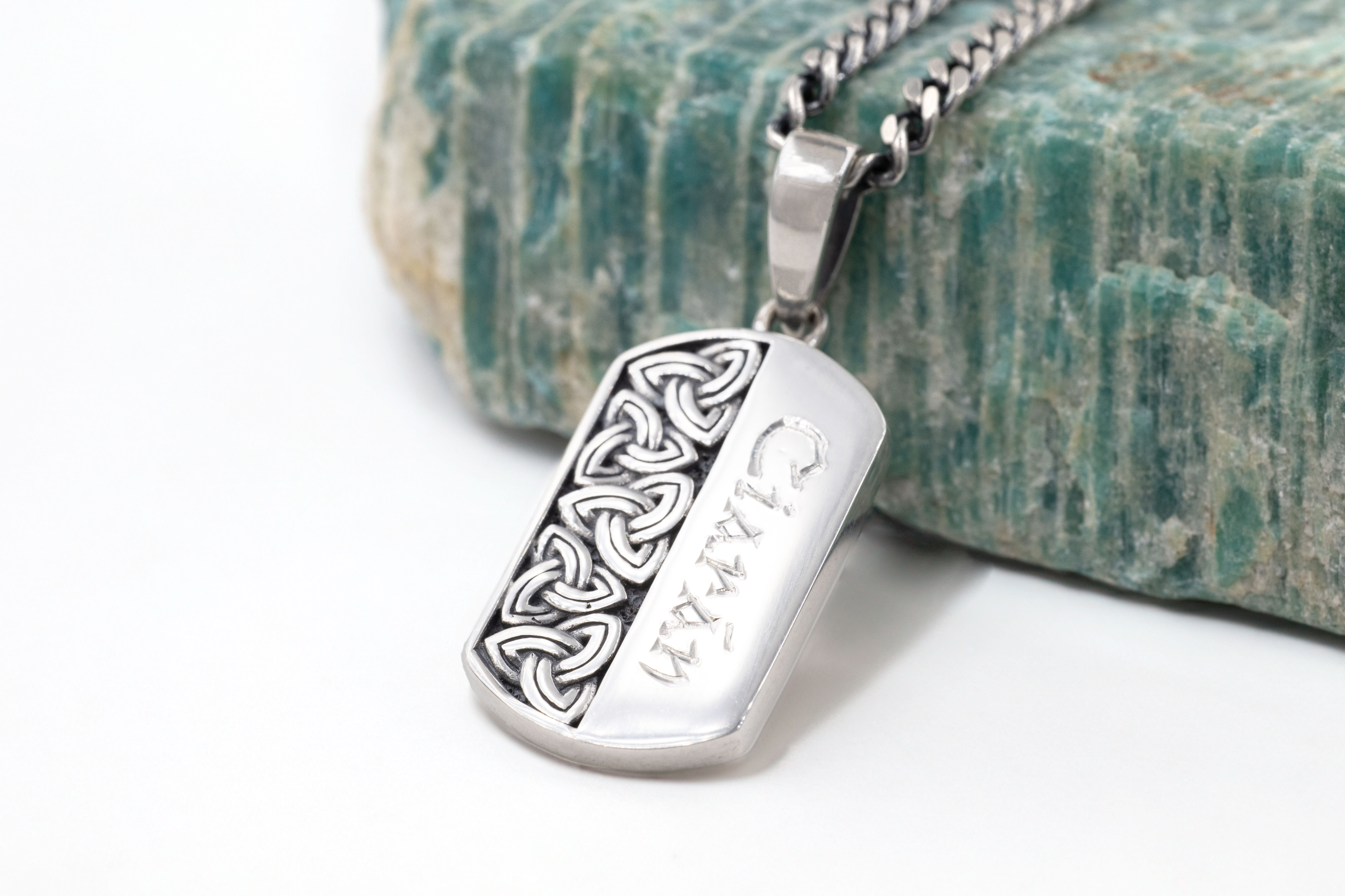 Mens Engravable Oxidised Sterling Silver Trinity Knot Customisable Necklace. Pictured Flat.