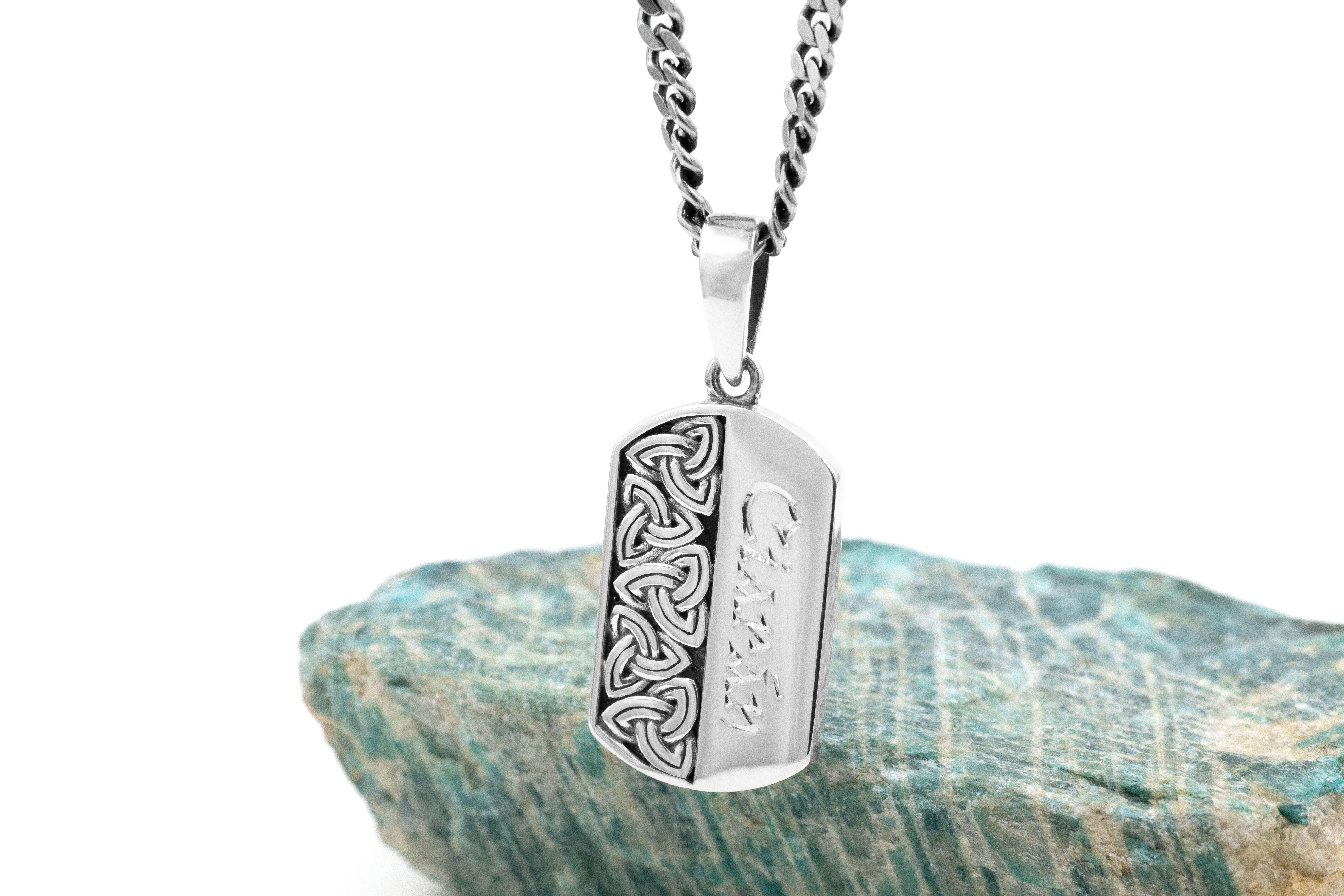 Mens Real Oxidised Sterling Silver Trinity Knot & Gaelic Engravable Necklace