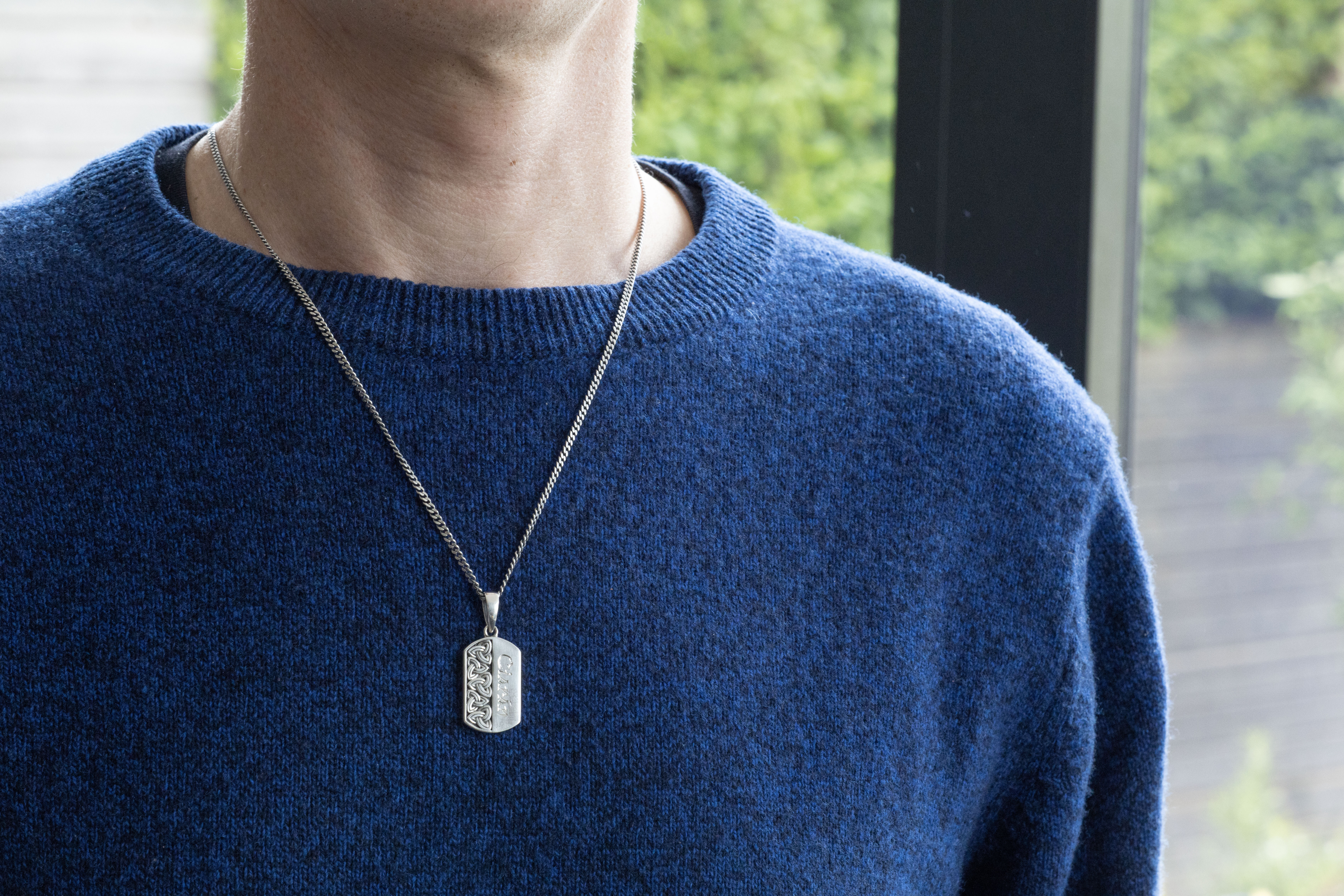 Mens Attractive Oxidised Sterling Silver Trinity Knot & Gaelic Personalisable Necklace - Model Photo