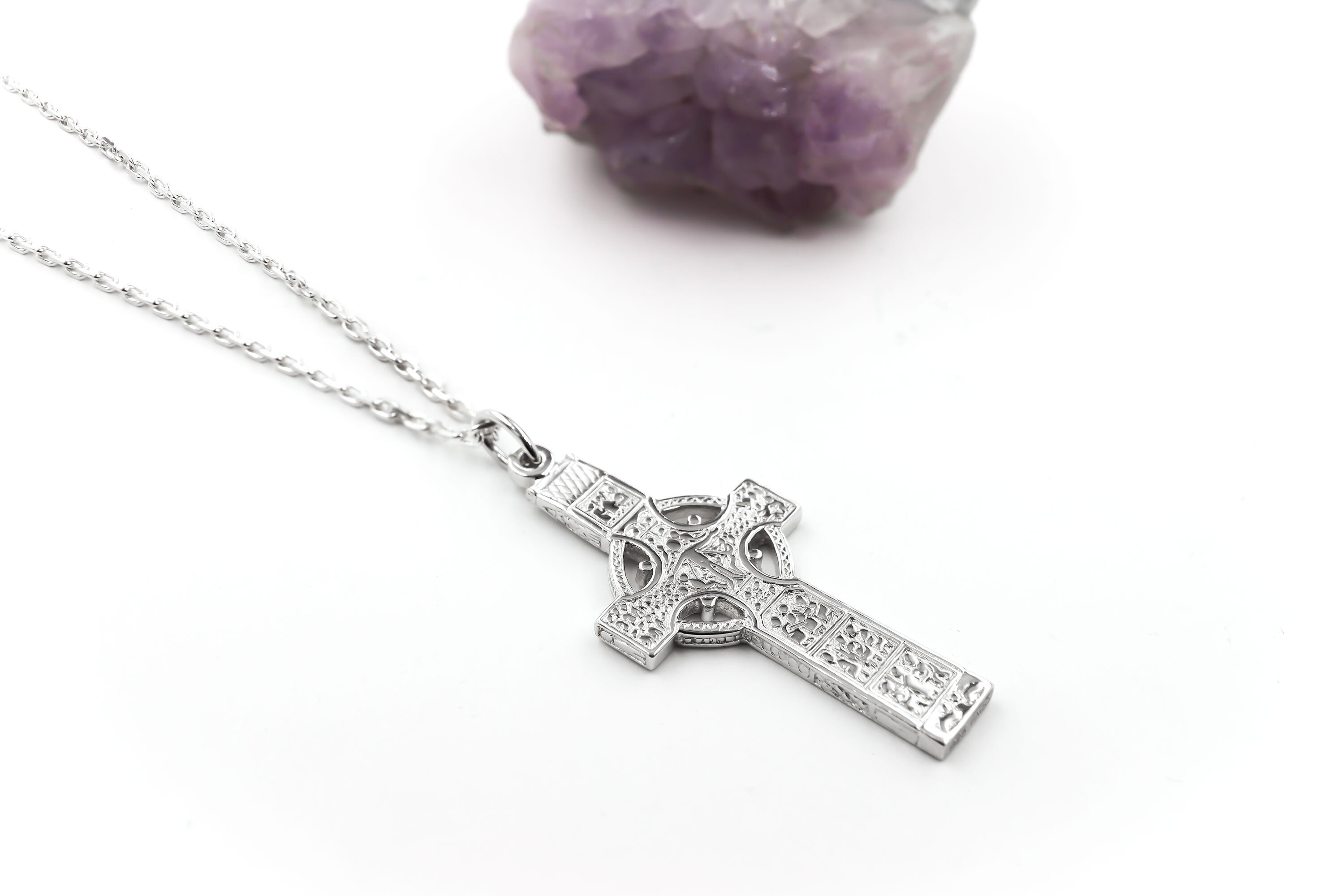 Celtic Cross & High Crosses Of Ireland Necklace in 14K White Gold