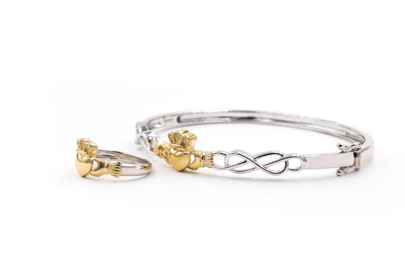 Womens Real Polished Sterling Silver & 10K Yellow Gold Claddagh & Celtic Knot Gift Set