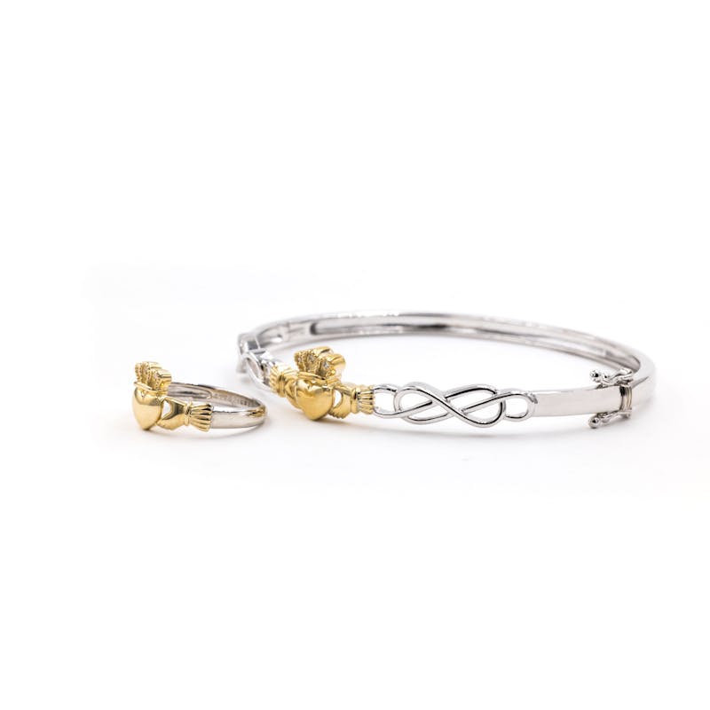Womens Real Polished Sterling Silver & 10K Yellow Gold Claddagh & Celtic Knot Gift Set