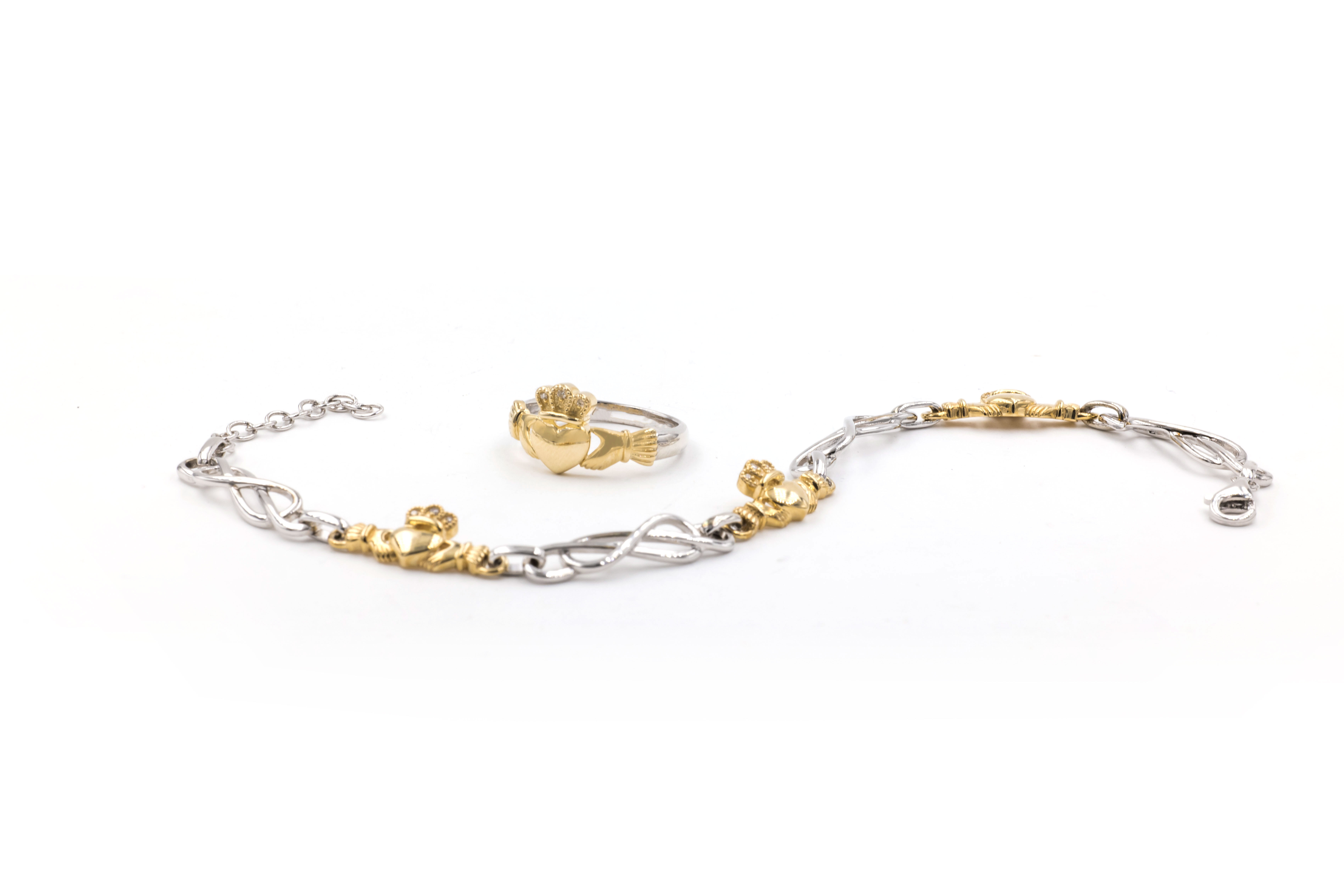 Womens Claddagh & Celtic Knot Bracelet in Sterling Silver & 10K Yellow Gold
