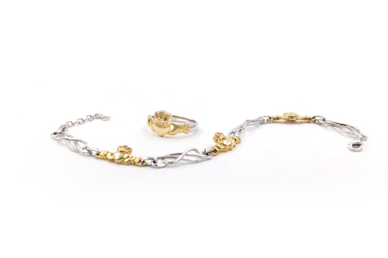 Womens Claddagh & Celtic Knot Bracelet in Sterling Silver & 10K Yellow Gold