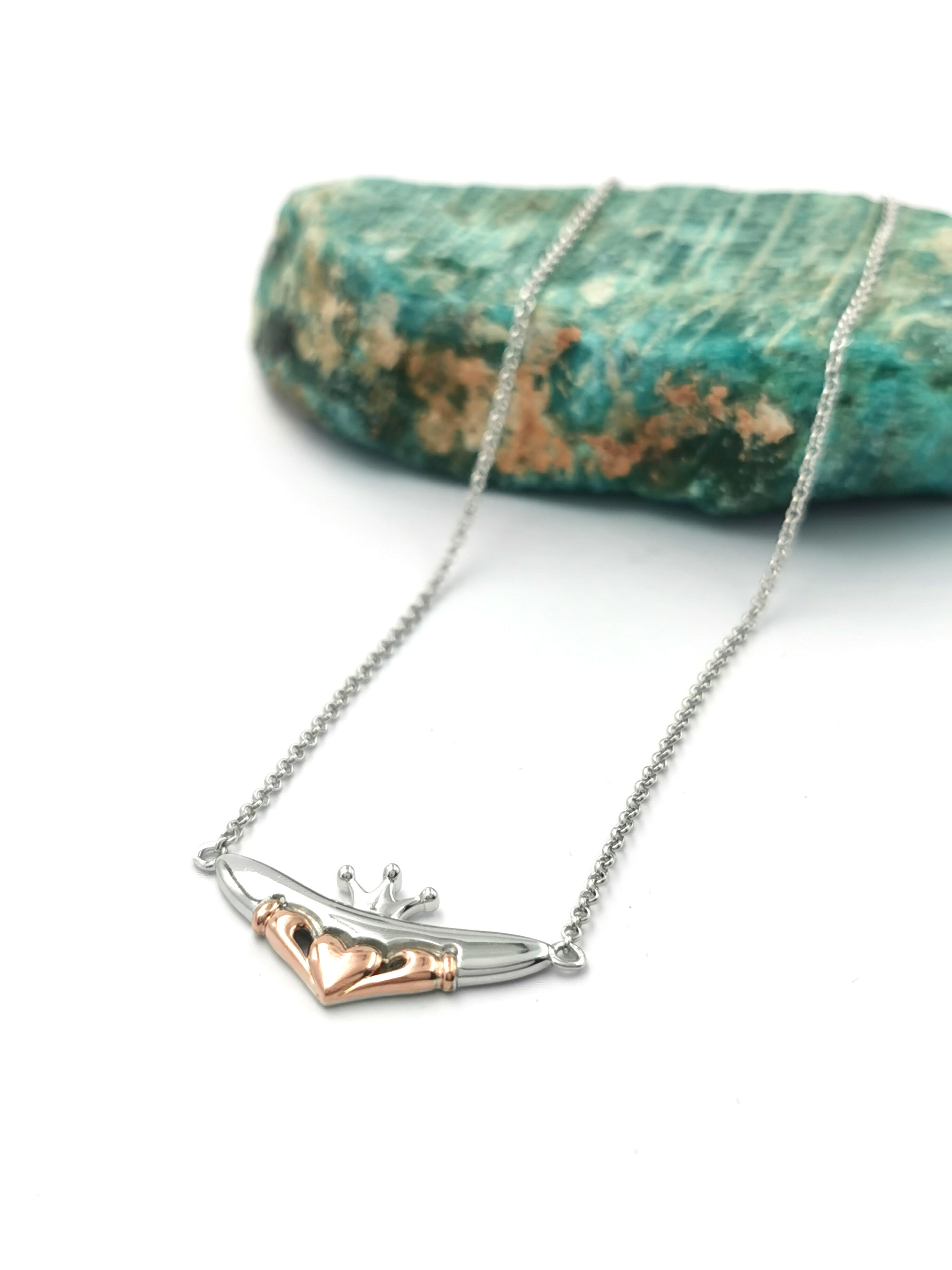 Womens Sterling Silver & Rose Gold Claddagh Necklace