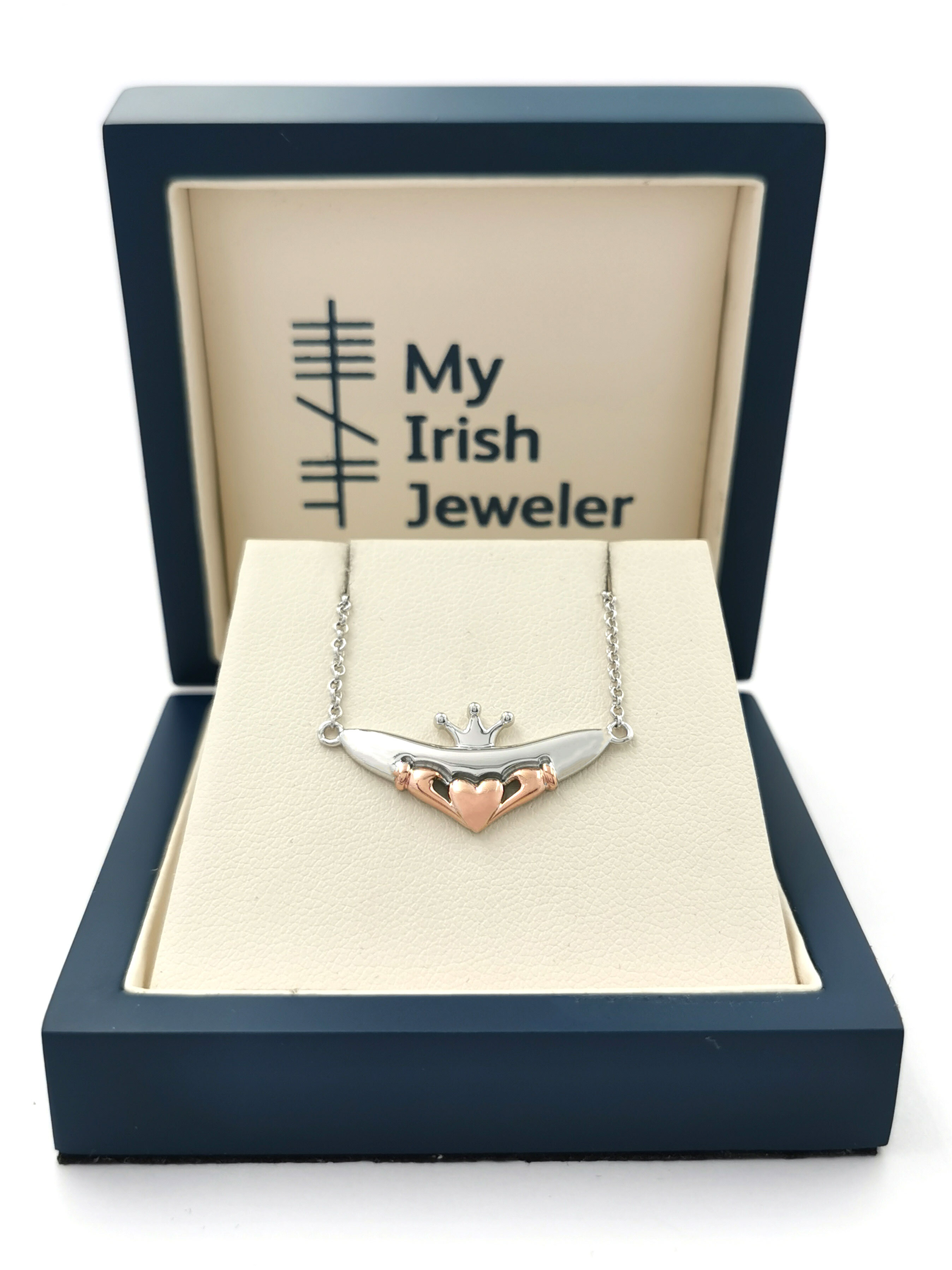 Womens Sterling Silver & Rose Gold Claddagh Necklace