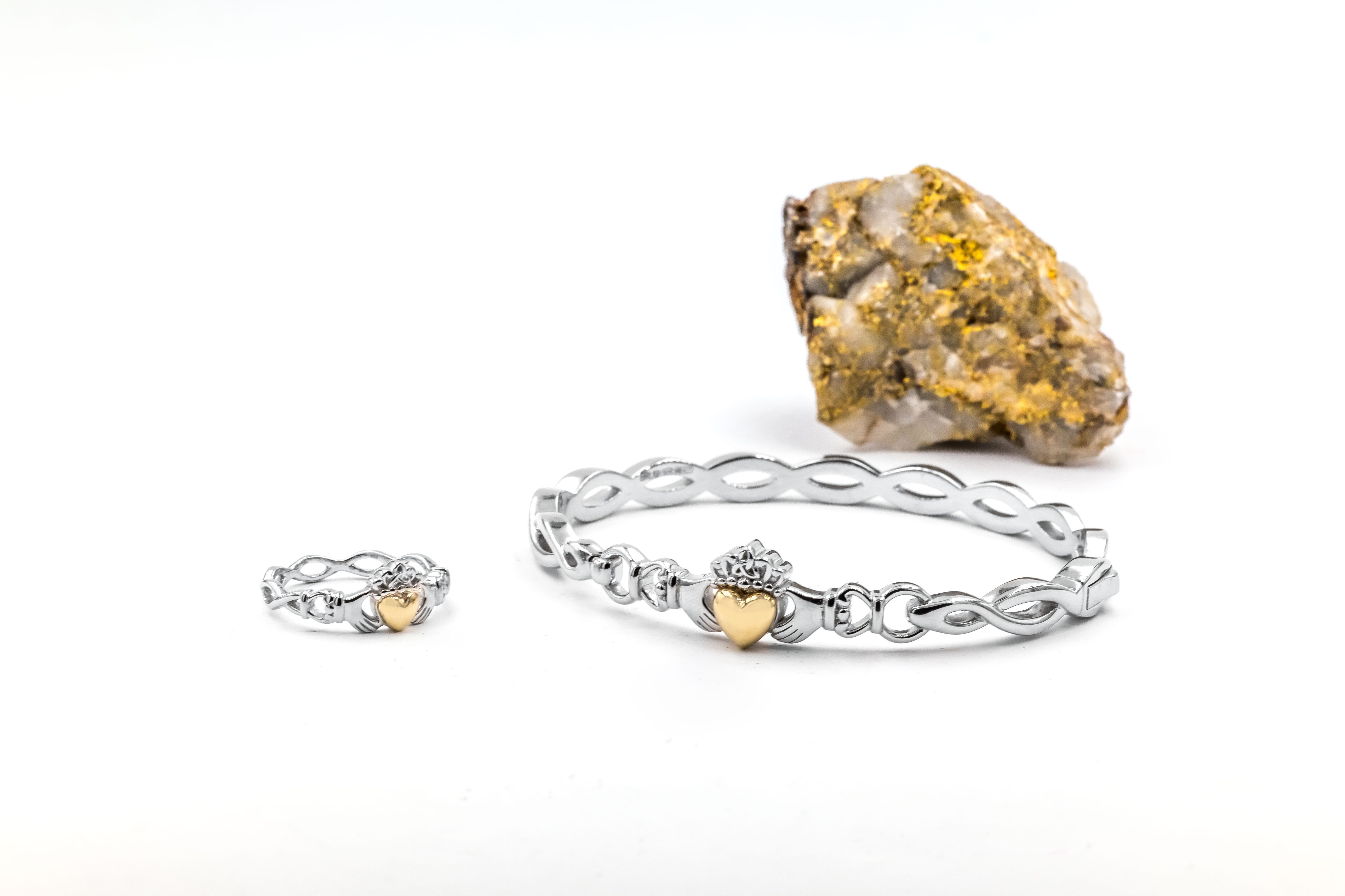 Womens Attractive Sterling Silver & 10K Yellow Gold Claddagh Bracelet