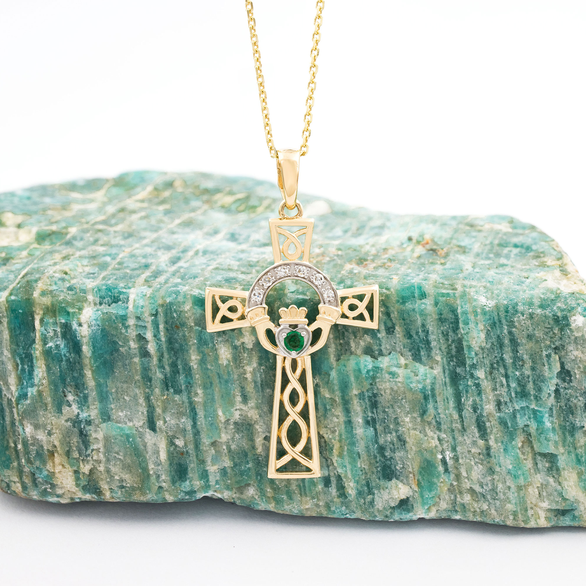14K Gold Claddagh Cross Pendant set with Diamonds & Real Emerald, From  Ireland