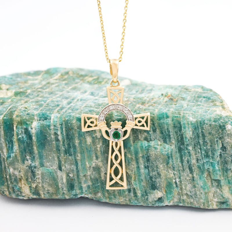 14K Gold Claddagh Cross Pendant set with Diamonds & Real Emerald