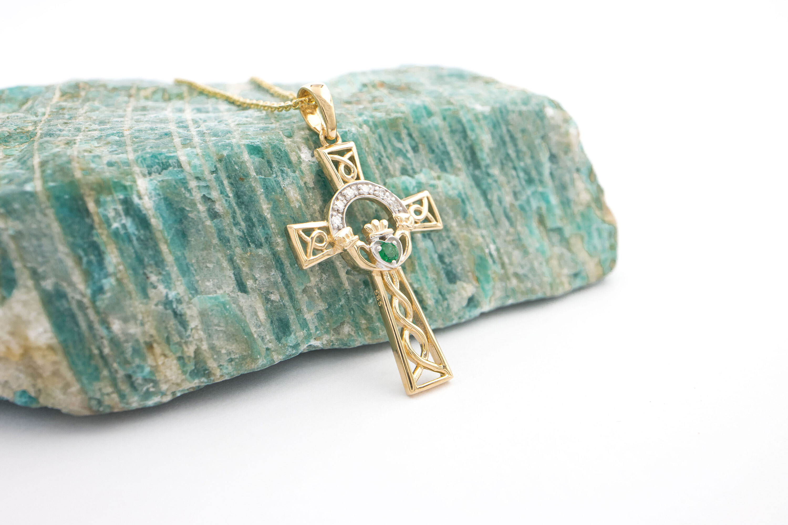 Emerald And Brilliant Cut Diamond Cross Pendant On Chain