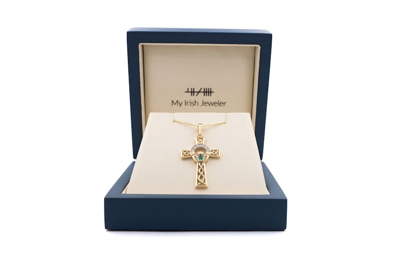 Irish 14K Yellow Gold Claddagh & Celtic Cross Necklace For Women