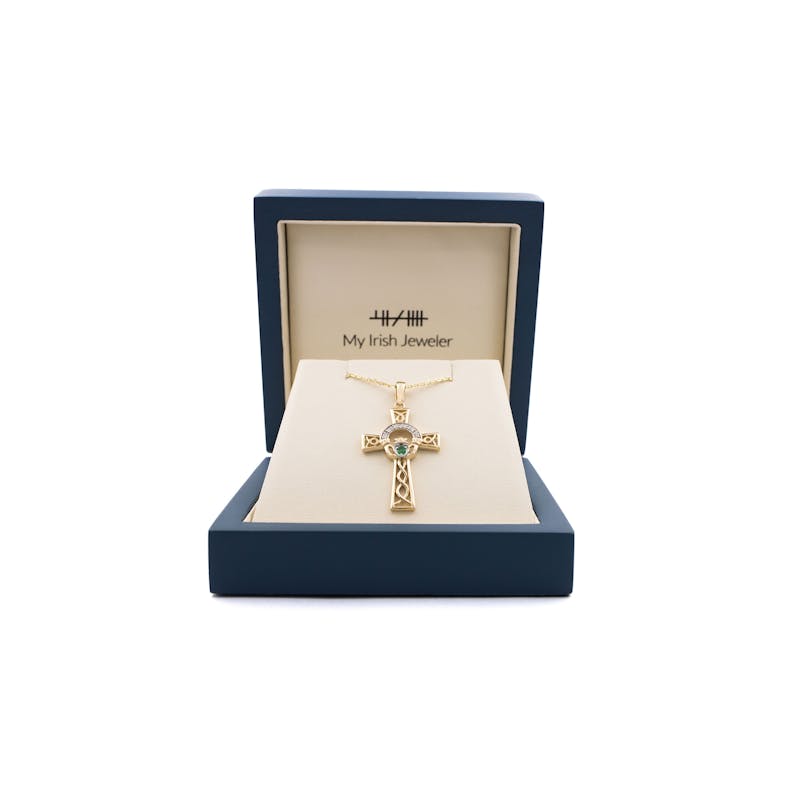 Irish 14K Yellow Gold Claddagh & Celtic Cross Necklace For Women