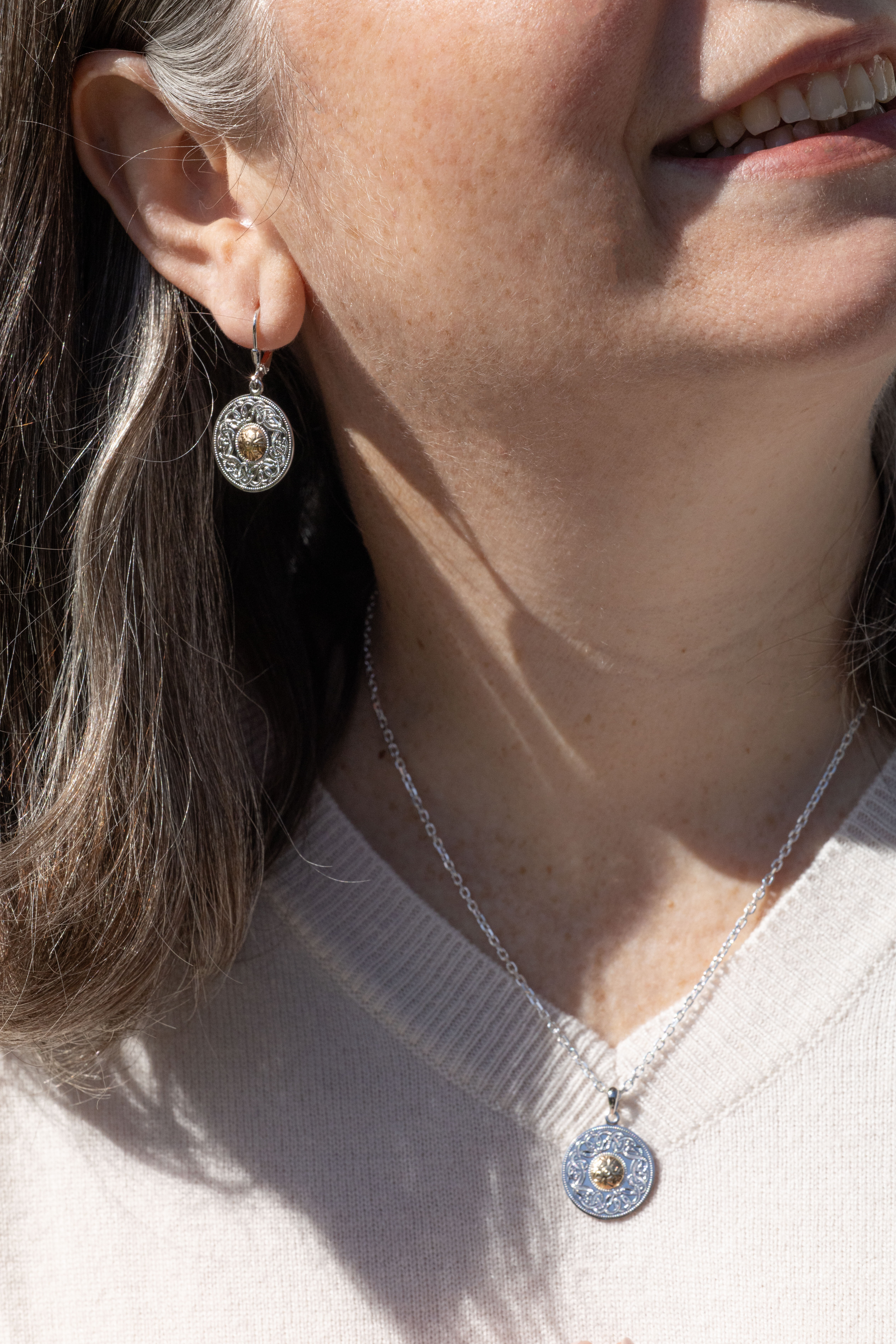 Sterling Silver Round Warrior Earrings With 18K Bead